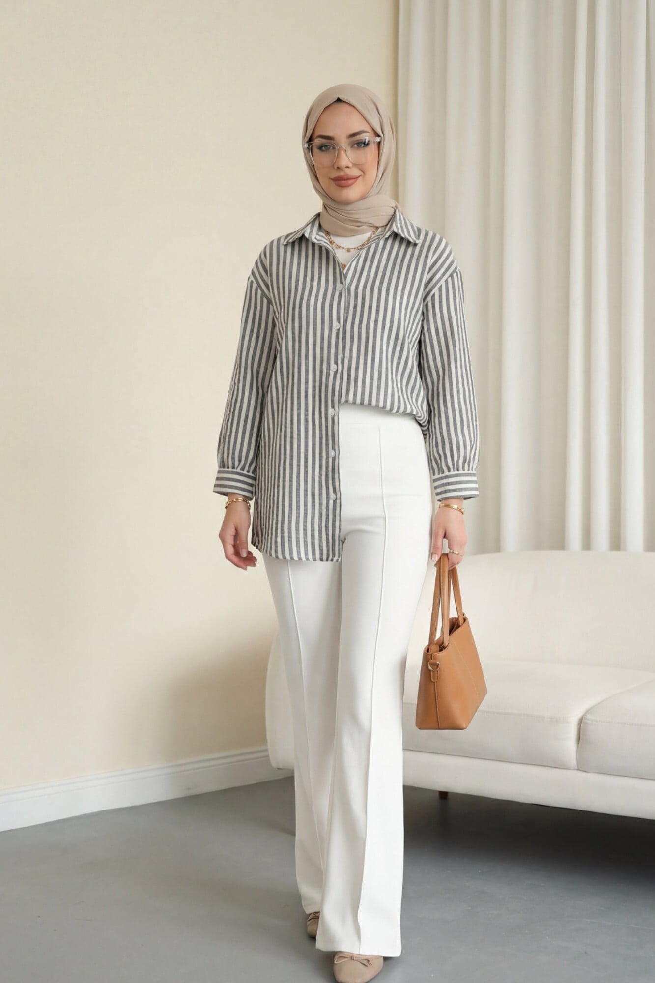 Striped Button-Front Long-Sleeve Shirt - Black - Podyumplus - by Peralane - photo 7