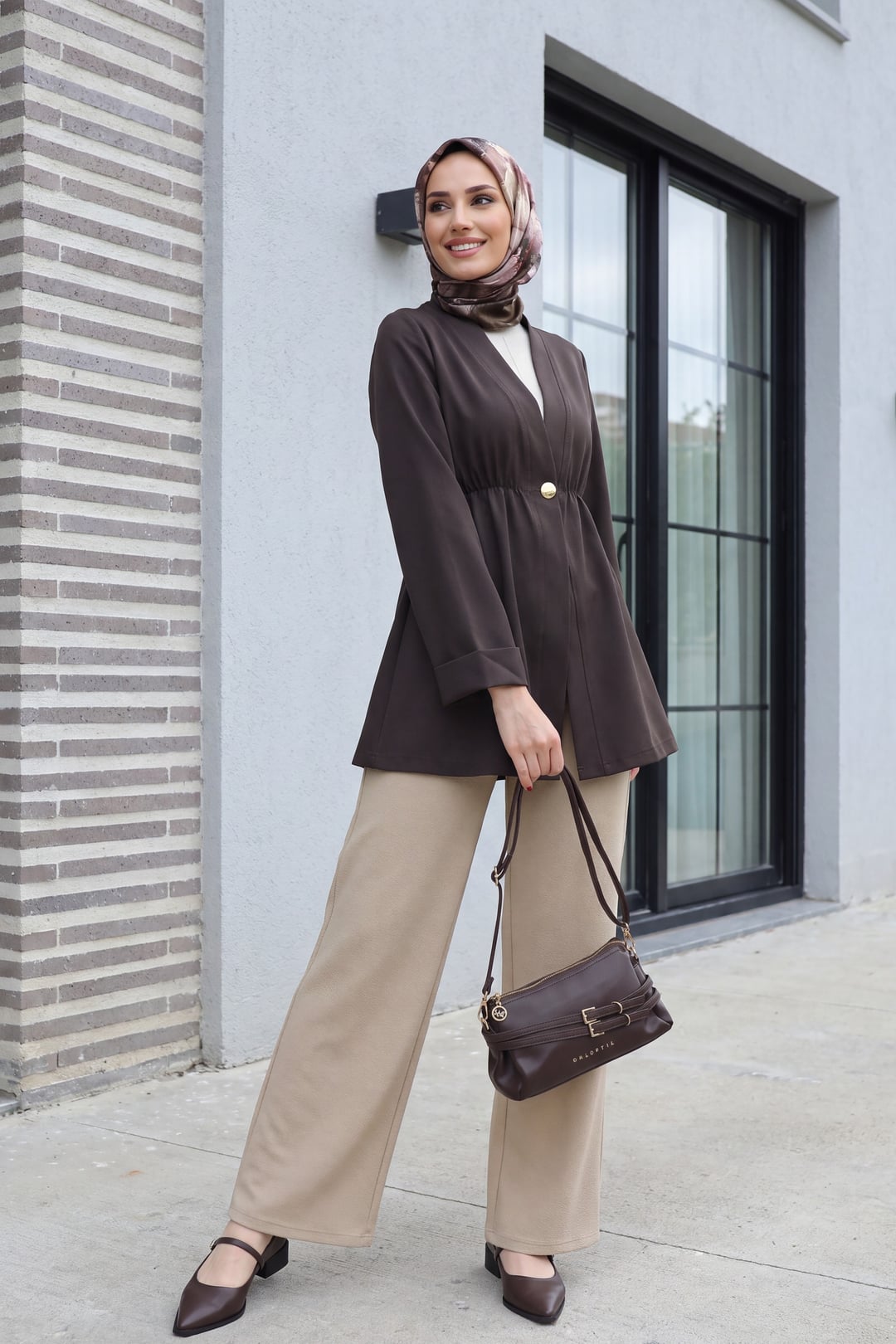 Elasticated Waist Single Button Crepe Kimono Jacket - Dark Brown - Podyumplus - by Peralane - photo 7