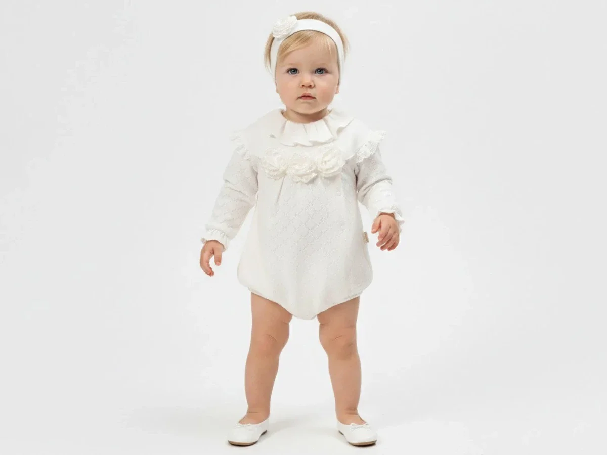 Girls' Romper and Headband Set with Floral Embroidery - White - Cayzen - by Peralane