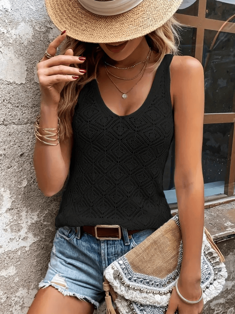 Women's Black Diamond Pattern Thick Strap Knit Tank Top - Janes - by Peralane