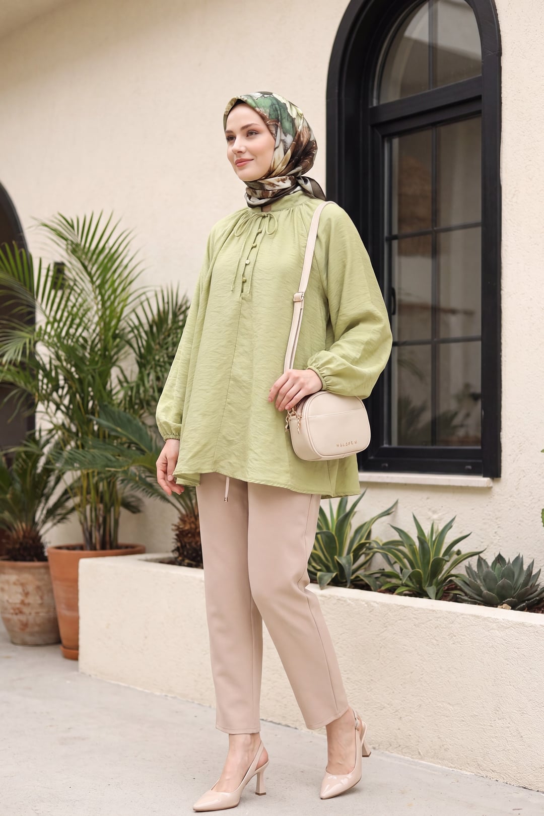 Tie Neck Half Button Lined Oversize Tulle Voile Blouse - Olive Green - Podyumplus - by Peralane - photo 4
