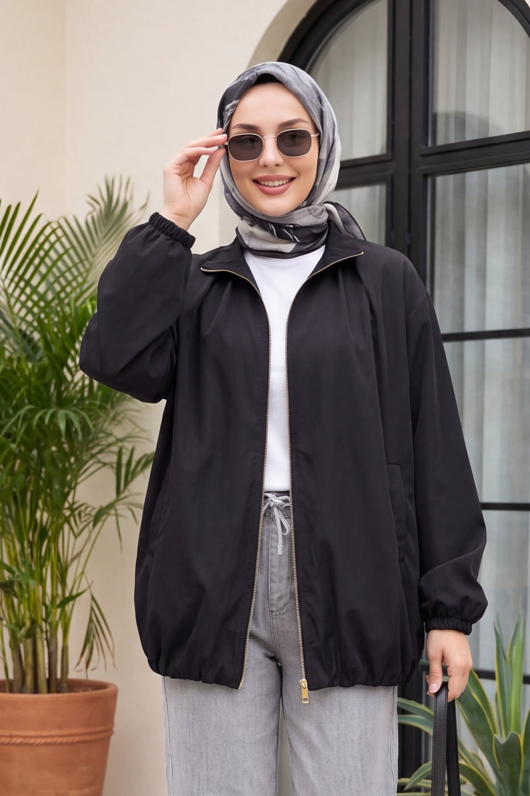 Black Stand Collar Zip-Up Lined Parachute Jacket with Elastic Cuffs and Hem - Podyumplus - by Peralane - photo 3