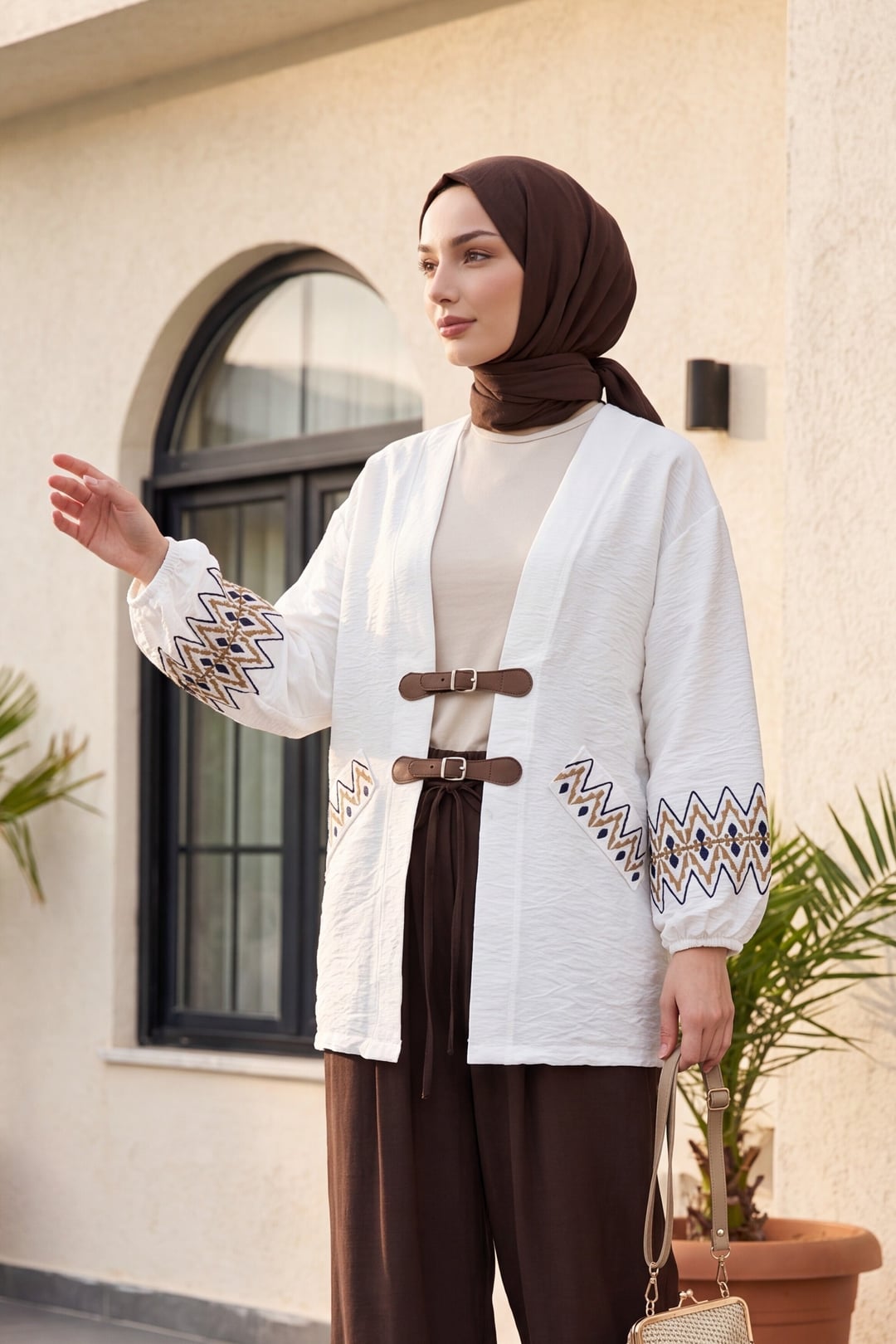 Embroidered Sleeve, Elastic Cuff, Belt Detail Linen Kimono - White - Podyumplus - by Peralane - photo 3
