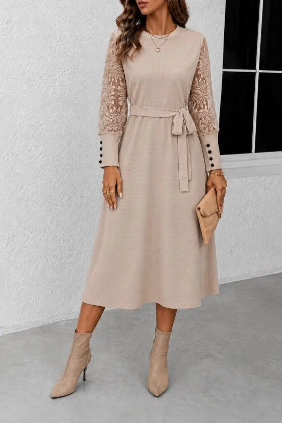 Women's Long-Sleeved Round Neck Tie Waist Midi Waffle Dress - Janes - by Peralane