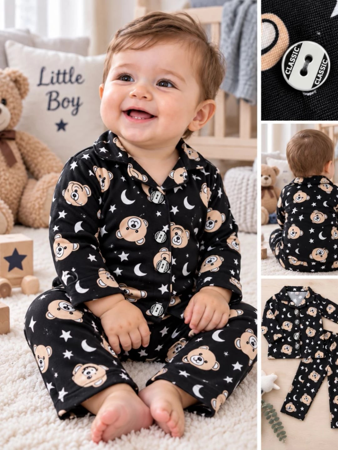 Baby Pyjama Set with Teddy Bear, Moon and Star Print in Black - Has Bereket - by Peralane