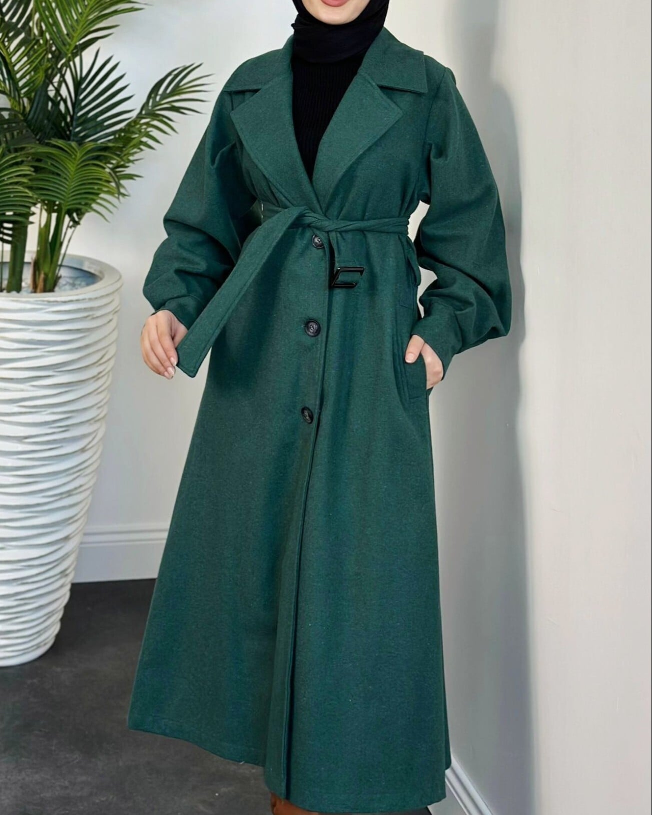 Balloon Sleeve Belted Lined Wool-Blend Coat - Emerald - Podyumplus - by Peralane - photo 3