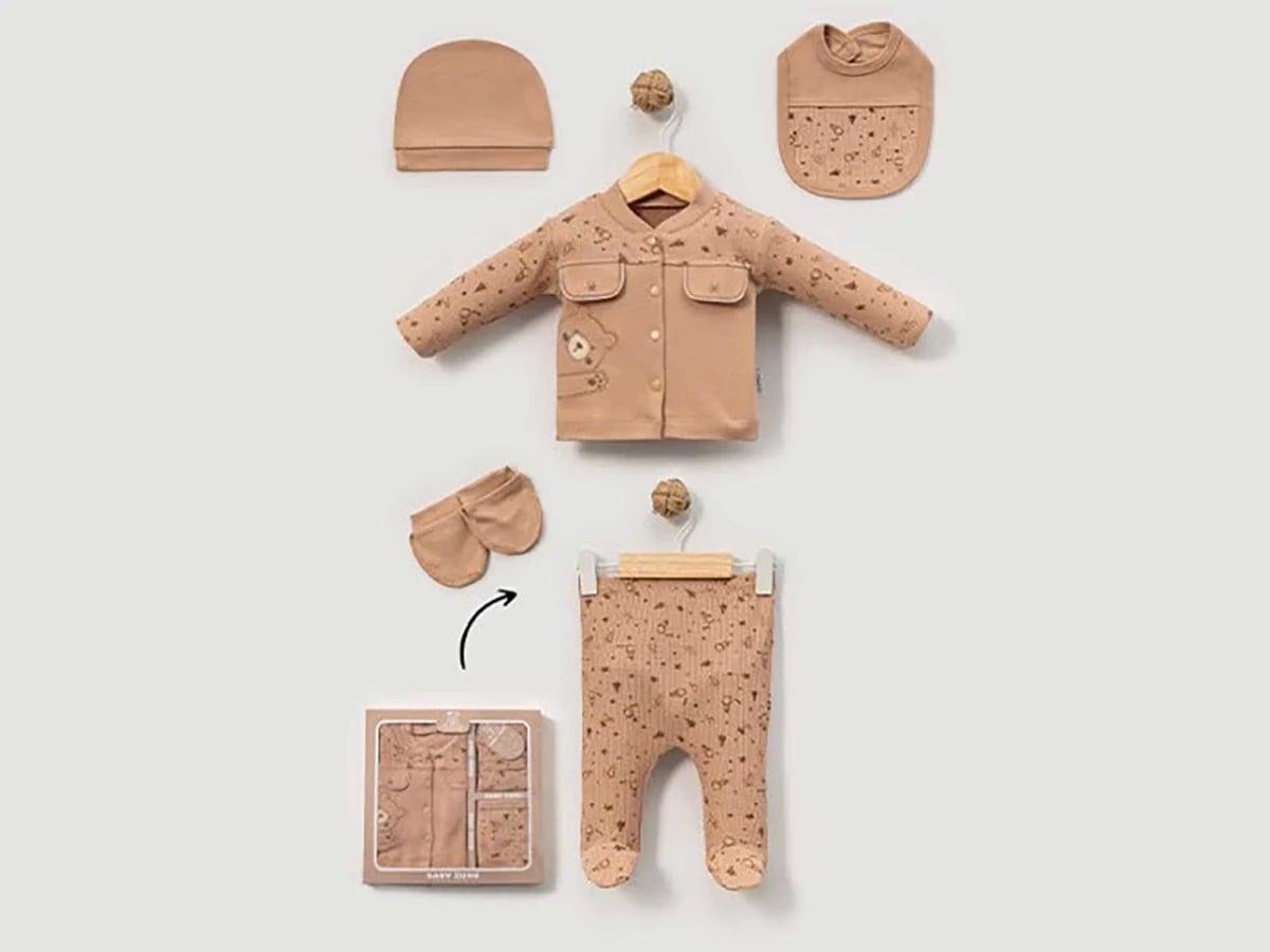 Boys' Newborn Bear Print 5-Piece Gift Set in Brown - Baby Zuhu - by Peralane