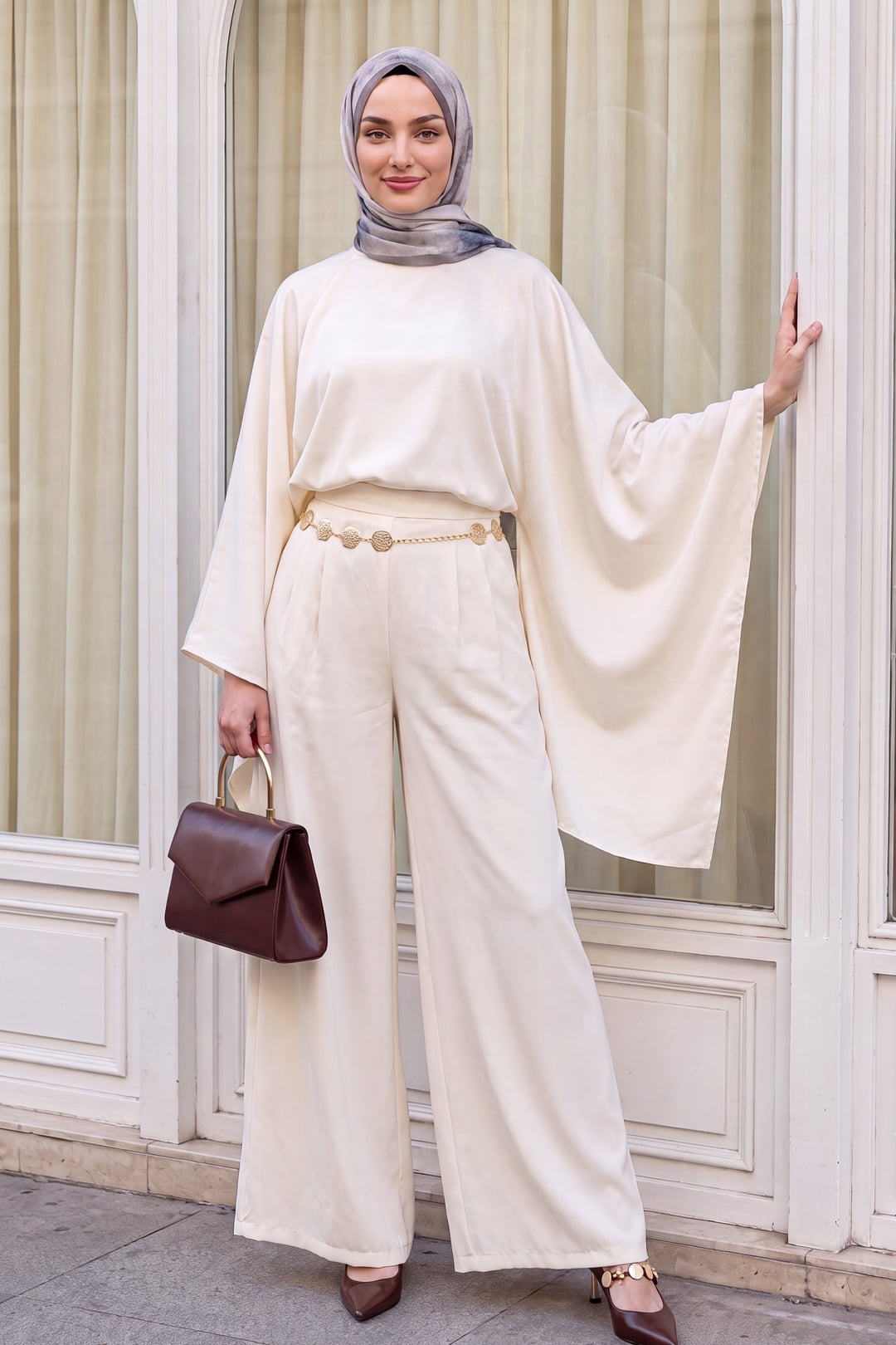 Asymmetric Cut Wide Sleeve Wide-Leg Trousers Belted Modal Set - Cream - Podyumplus - by Peralane - photo 6