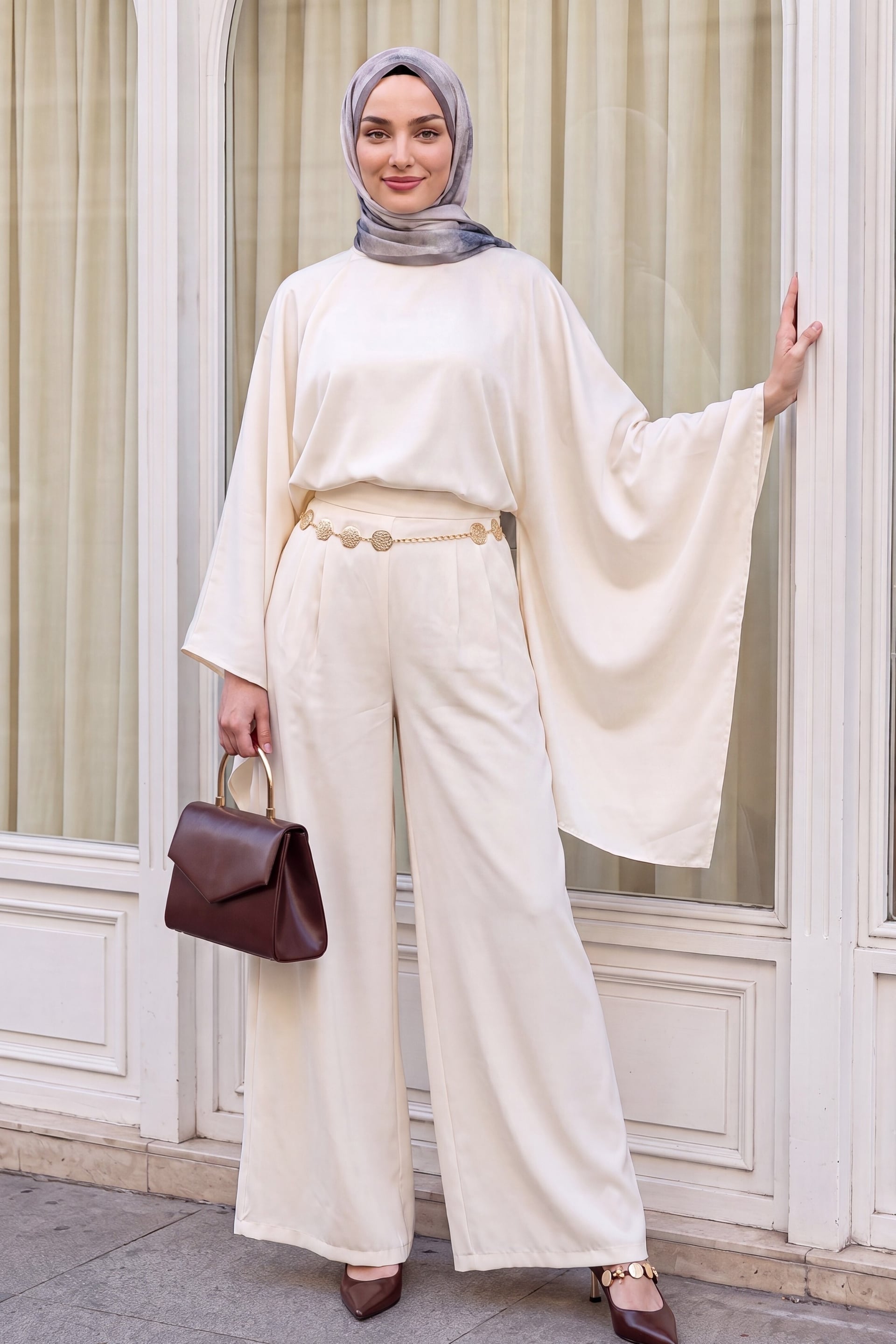 Asymmetric Cut Wide Sleeve Wide-Leg Trousers Belted Modal Set - Cream - Podyumplus - by Peralane - photo 6