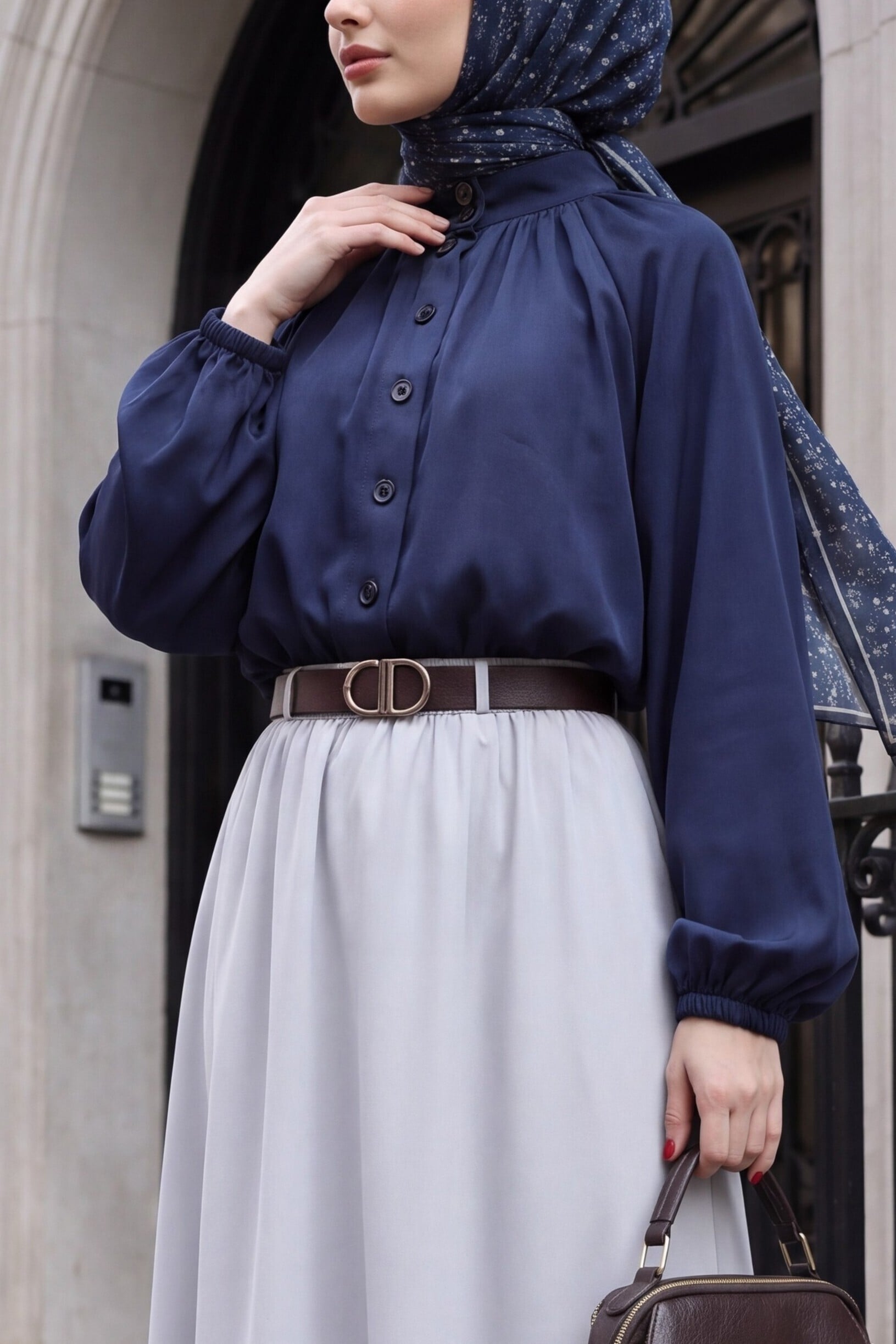 Navy Diagonal Blouse with High Collar and Elasticated Waist and Cuffs - Podyumplus - by Peralane