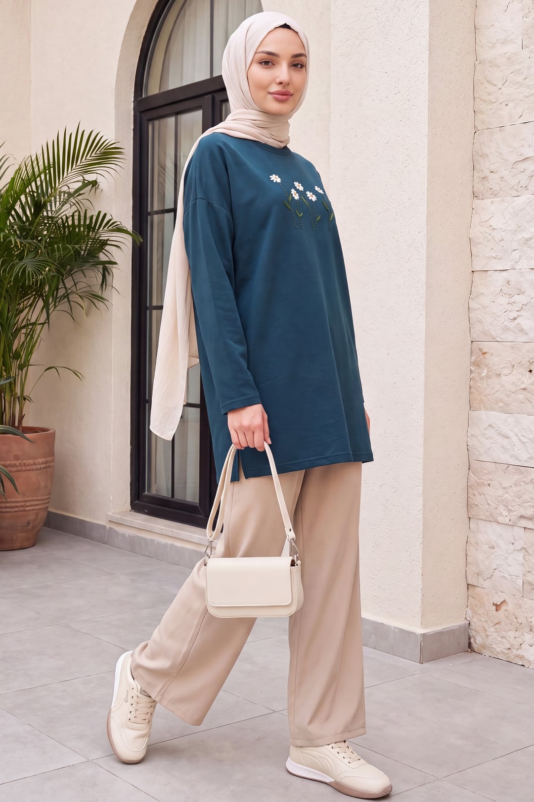 Daisy Embroidered Round Neck Knit Tunic - Petrol Blue - Podyumplus - by Peralane - photo 5