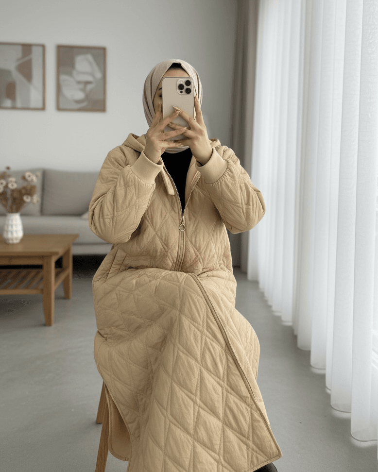 Women's Quilted Hooded Coat with Zip Front - Beige - Podyumplus - by Peralane