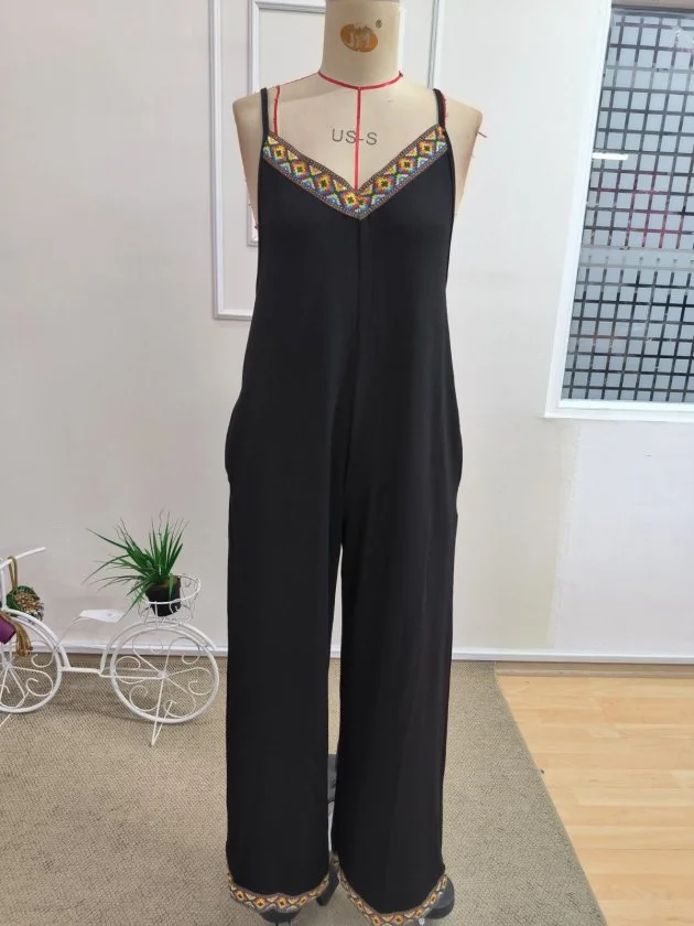 Women's Black Ethnic Stripe Jumpsuit with Spaghetti Straps - Janes - by Peralane - photo 6
