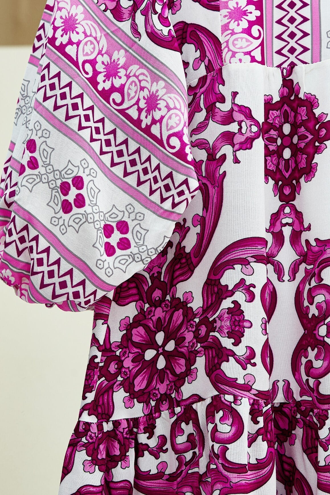 V-Neck Batwing Sleeve Fuchsia Print Dress - Podyumplus - by Peralane - photo 6
