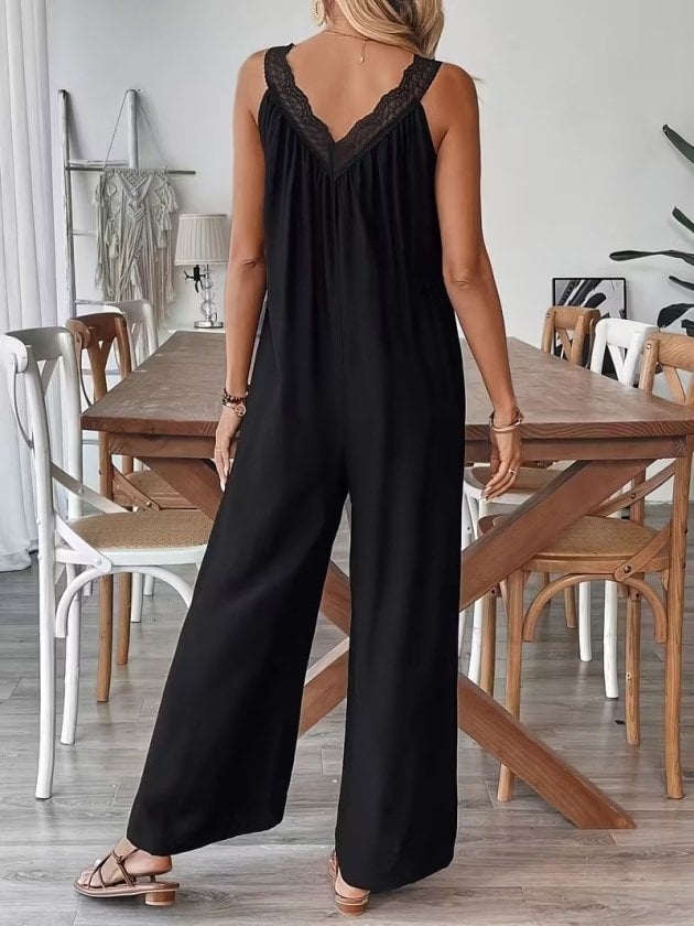 Women's Black V-Neck Lace Trim Wide-Leg Viscose Jumpsuit - Janes - by Peralane - photo 3