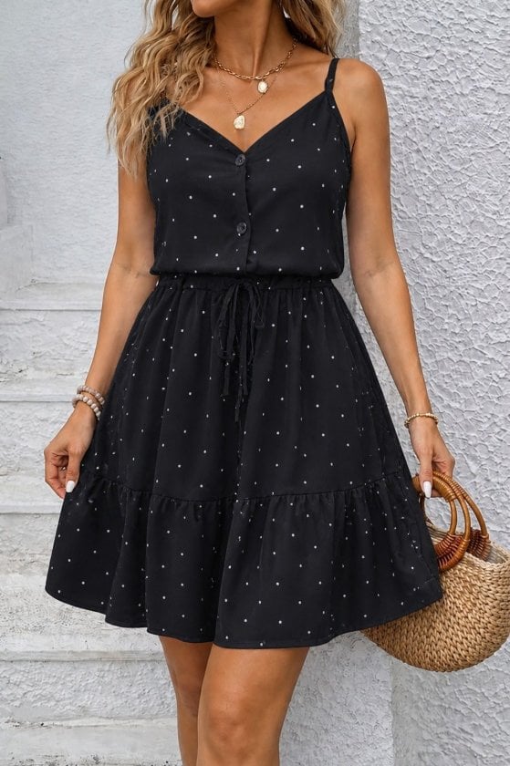 Women's Black Polka Dot Spaghetti Strap V-Neck Button Dress with Drawstring Waist - Janes - by Peralane