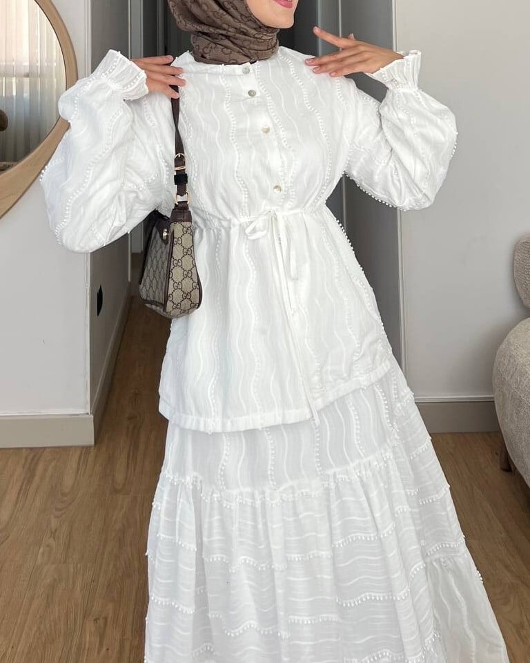 White Front-Button Drawstring Waist Long-Sleeve Blouse and Tiered Maxi Skirt Two-Piece Set for Women - Podyumplus - by Peralane - photo 4