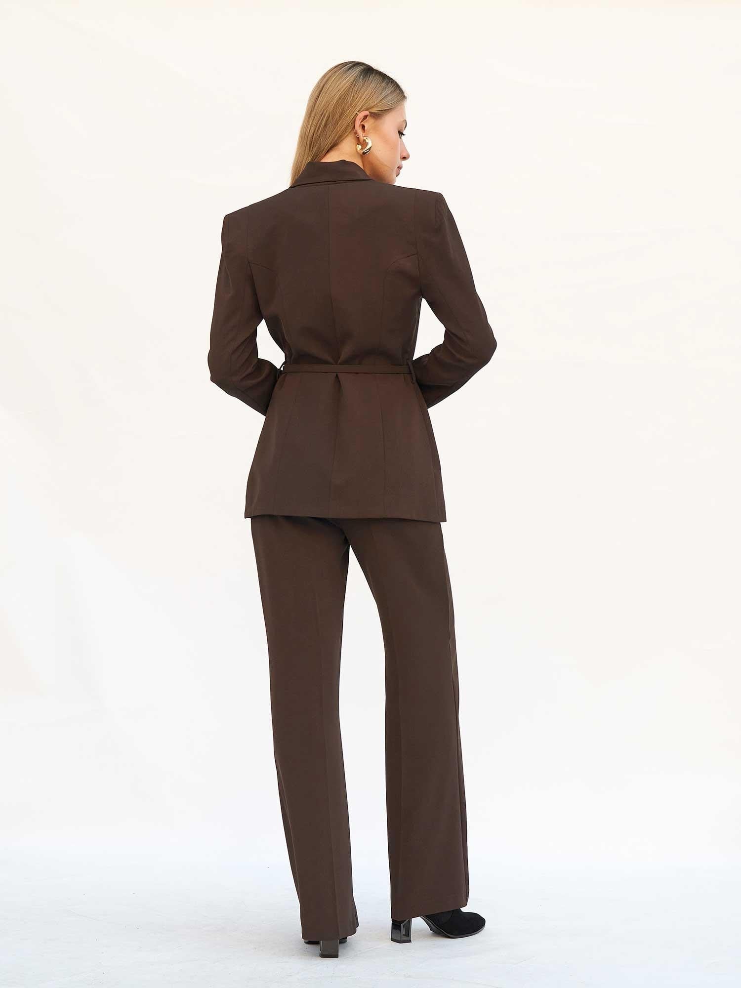 Women's Dark Brown Blazer and Trousers Co-ord Set with Belted Waist - Lefon - by Peralane - photo 6