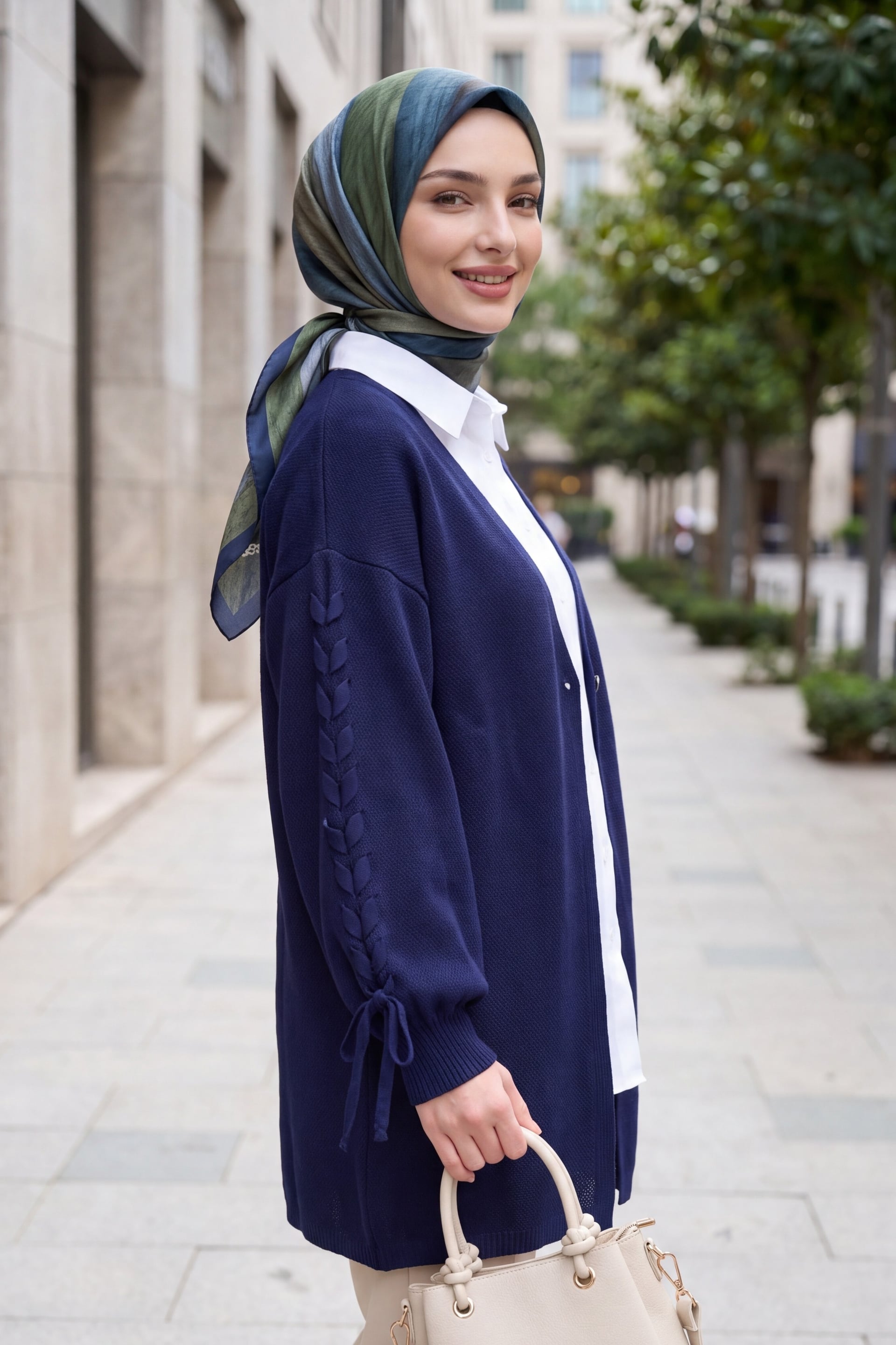 Slouchy Knit Cardigan with Braided Sleeves - Navy - Podyumplus - by Peralane - photo 2
