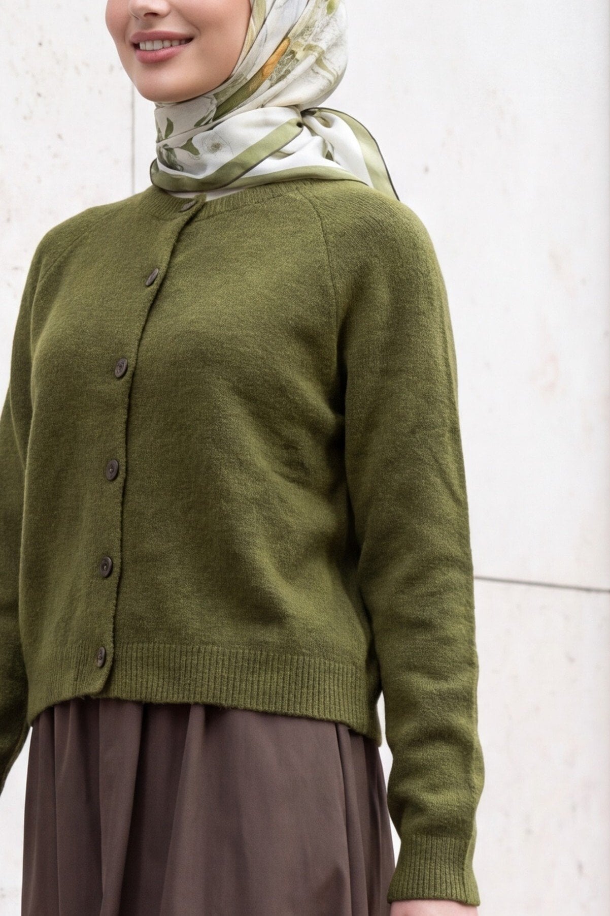 Button-Front Crew Neck Knit Cardigan - Khaki - Podyumplus - by Peralane - photo 2