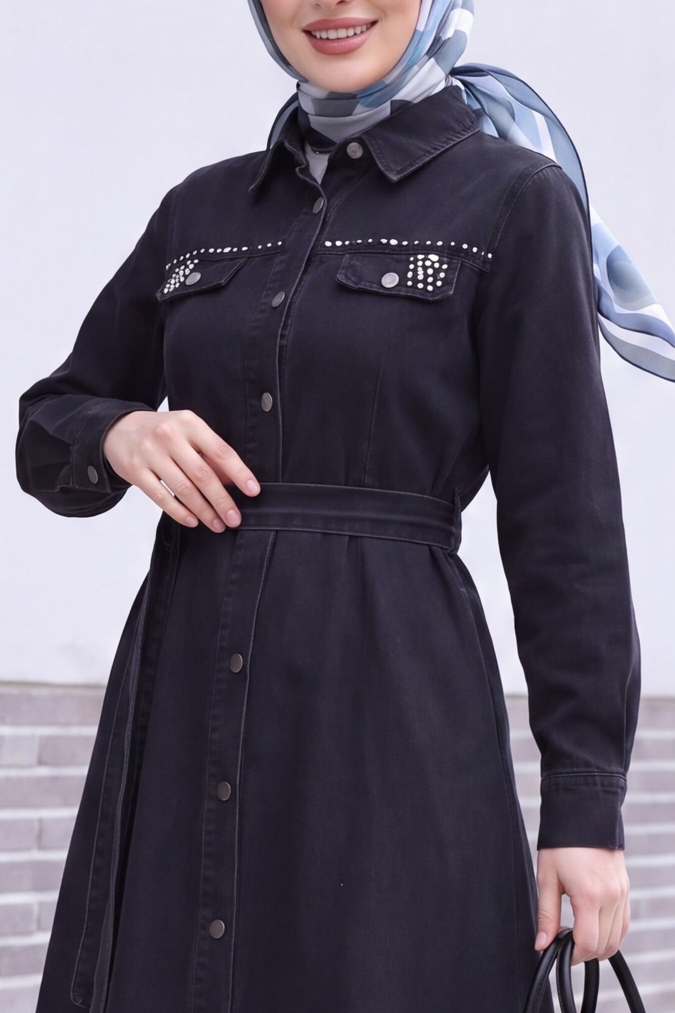 Black Denim Dress with Stone Details and Full-Length Button Front - Podyumplus - by Peralane - photo 5