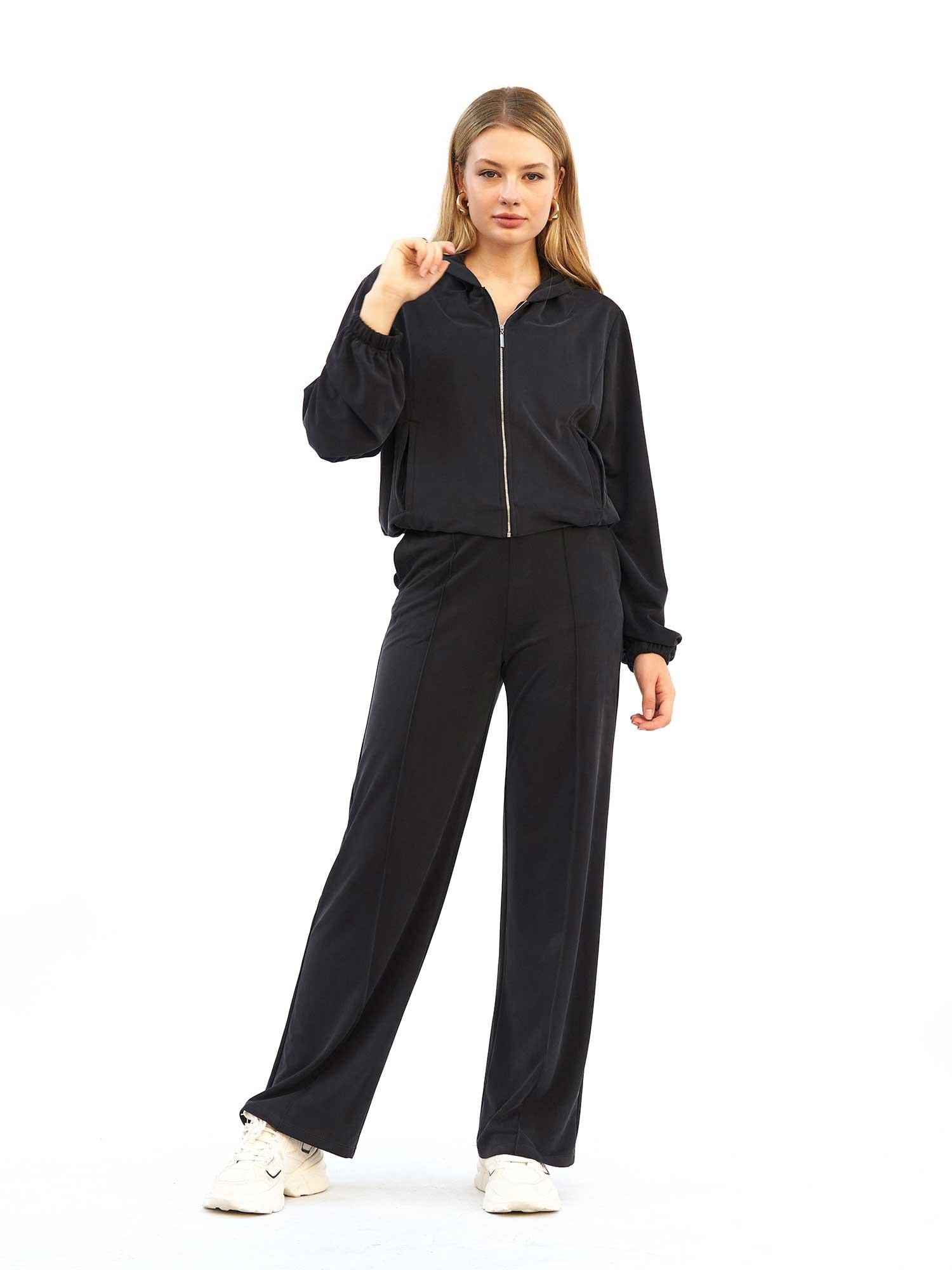 Black Hooded Knit Bomber Tracksuit Set for Women - Lefon - by Peralane - photo 5