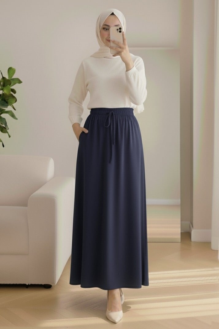 Women's Drawstring Waist Jersey Maxi Skirt with Pockets - Navy - Podyumplus - by Peralane - photo 4