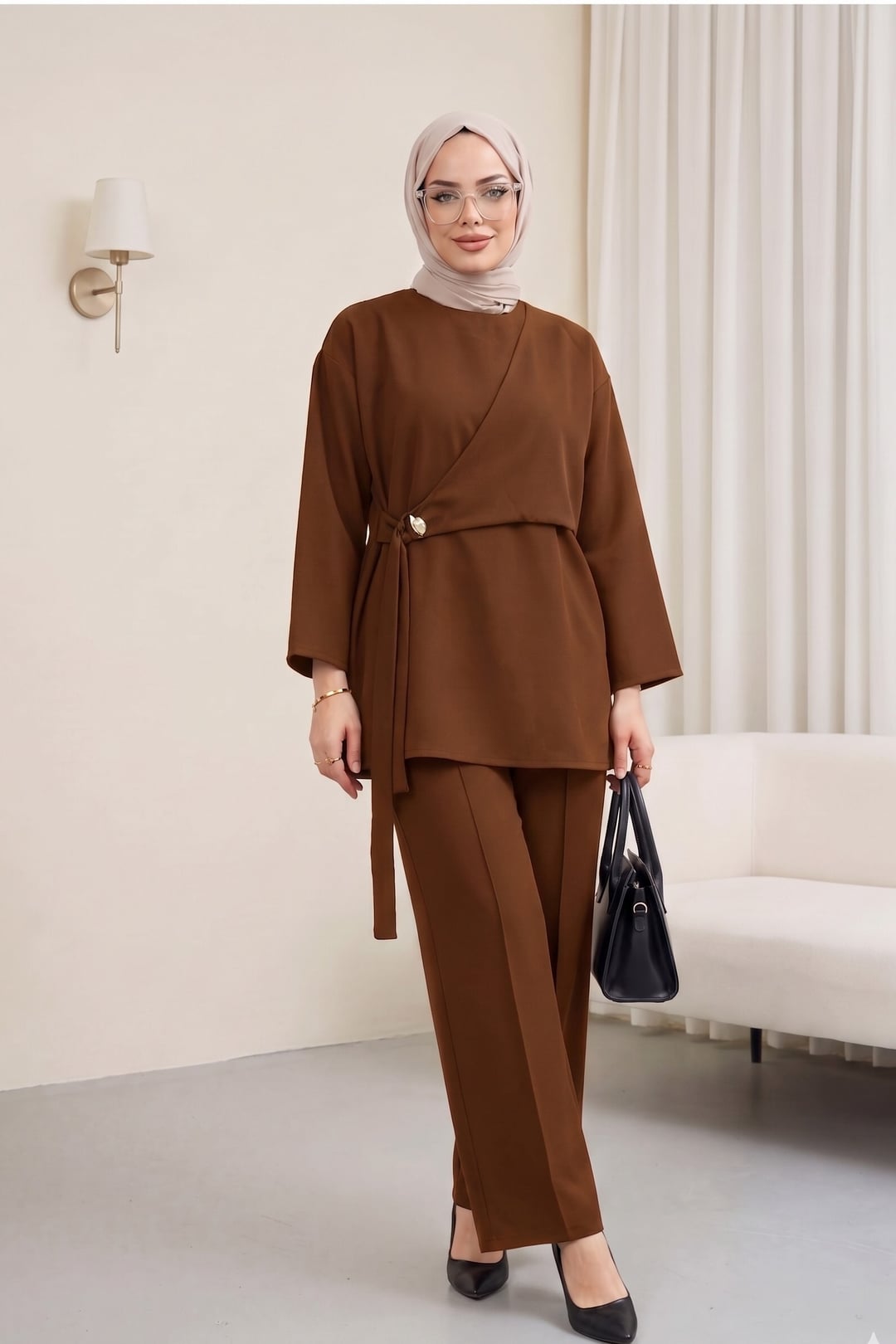 Cross-Wrap Belted Tunic and Trousers Two-Piece Set - Brown - Podyumplus - by Peralane