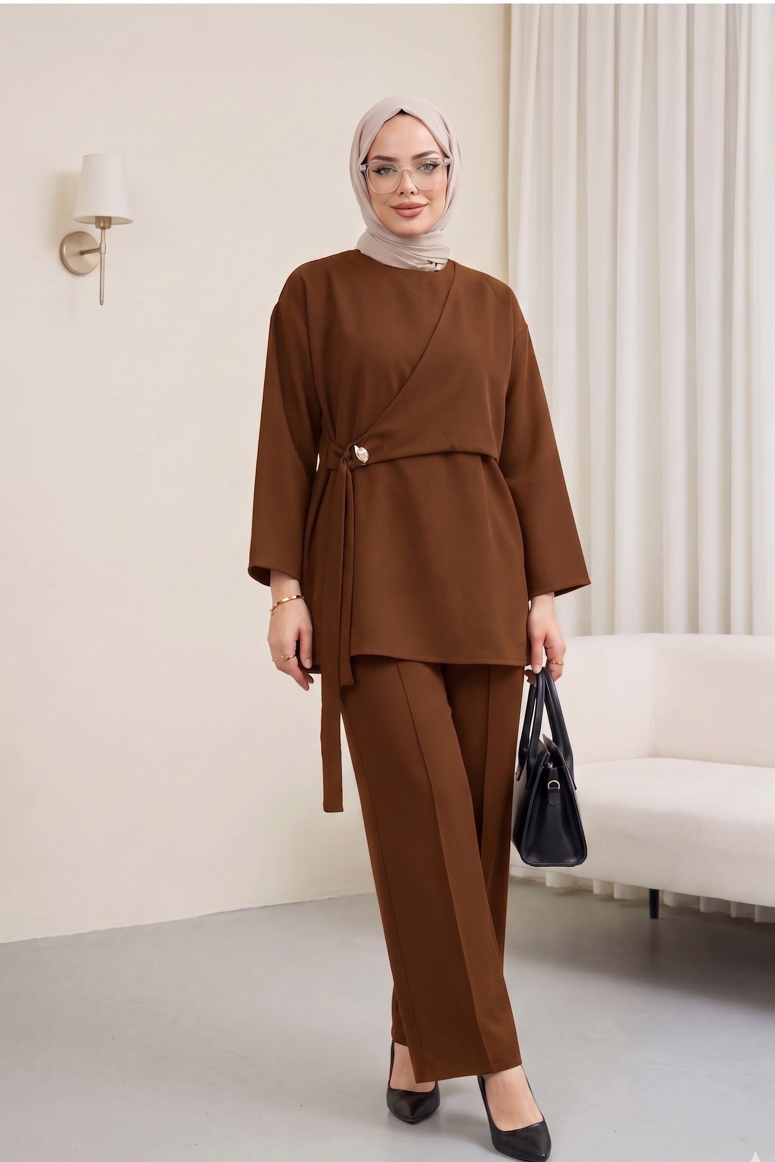 Cross-Wrap Belted Tunic and Trousers Two-Piece Set - Brown - Podyumplus - by Peralane
