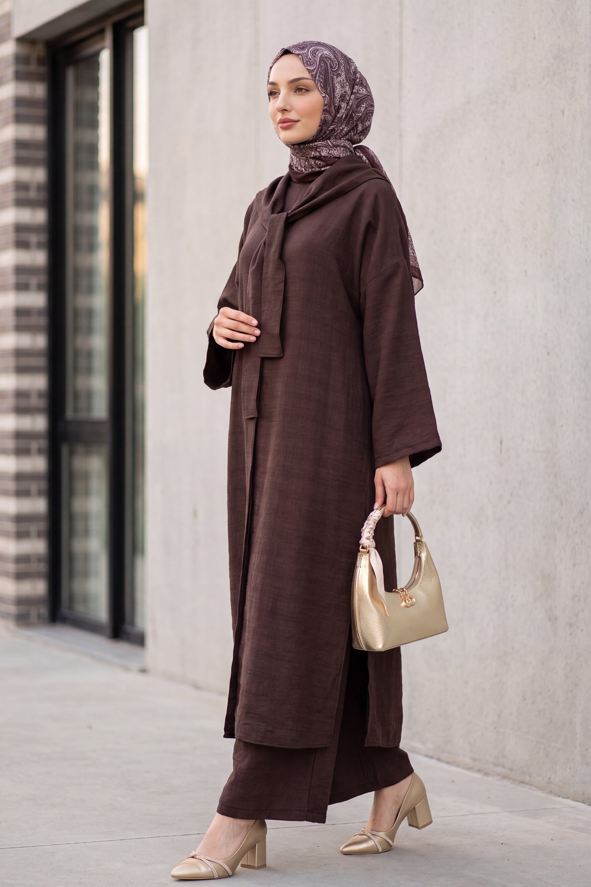 Women's Linen Two-Piece Set with Deep Slit Tunic and Wide-Leg Trousers - Dark Plum - Podyumplus - by Peralane - photo 3