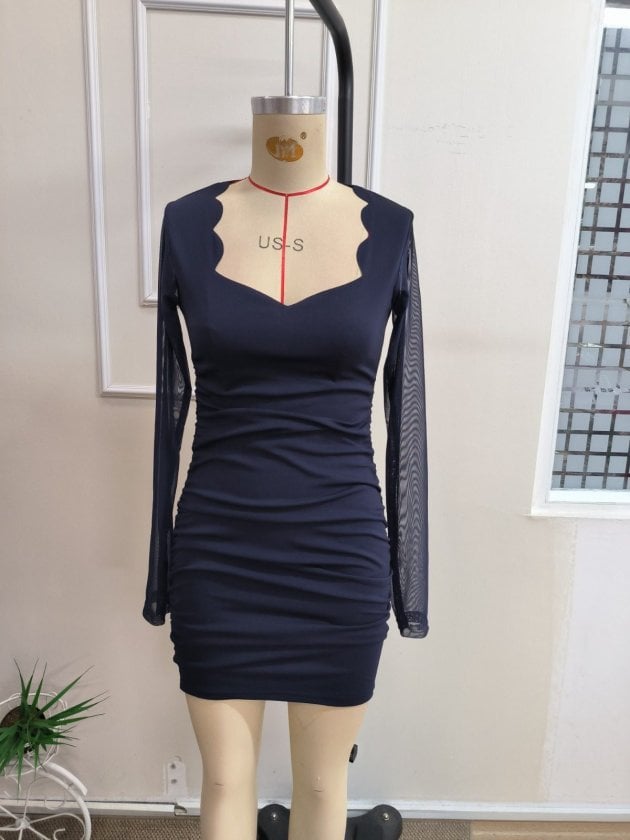 Navy Blue Women's Lace Long-Sleeve Short Dress with Laser Wave Cut Detail - Janes - by Peralane - photo 4