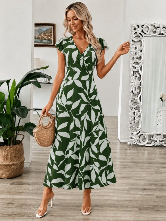 Women's Short Sleeve Wrap V-Neck Leaf Print Long Suprem Dress - Janes - by Peralane - photo 3