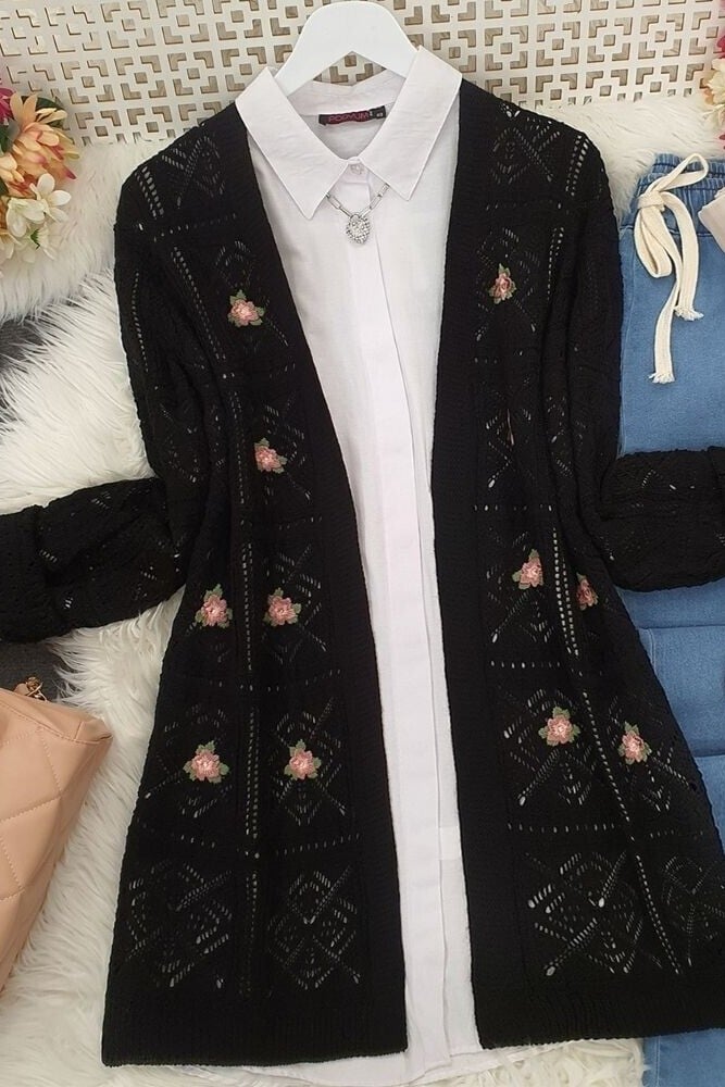 Black Open-Knit Embroidered Cardigan - Podyumplus - by Peralane - photo 5