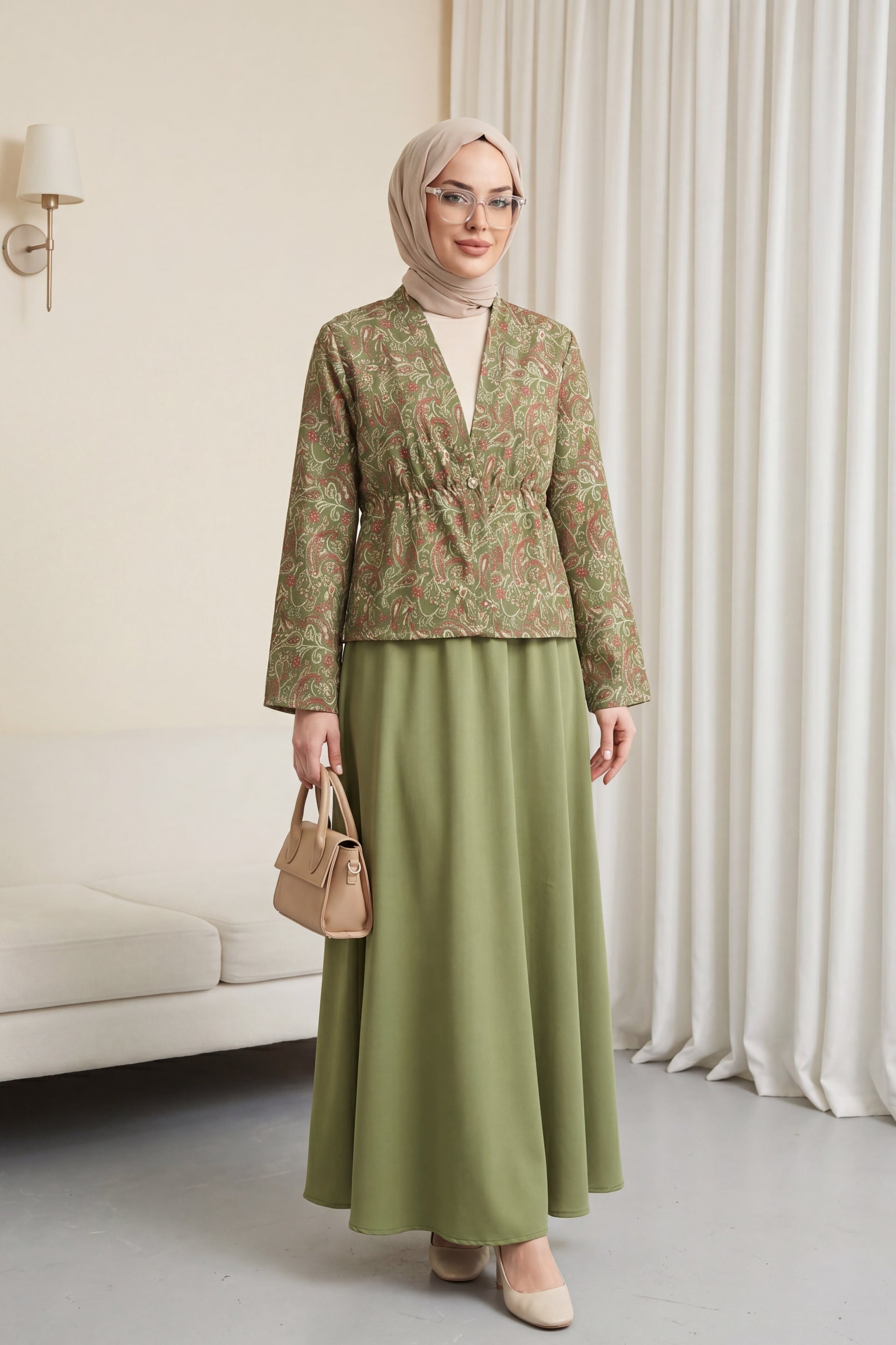 V-Neck Cinched Waist Single Button Patterned Modest Jacket and Skirt Set - Olive Green - Podyumplus - by Peralane - photo 2