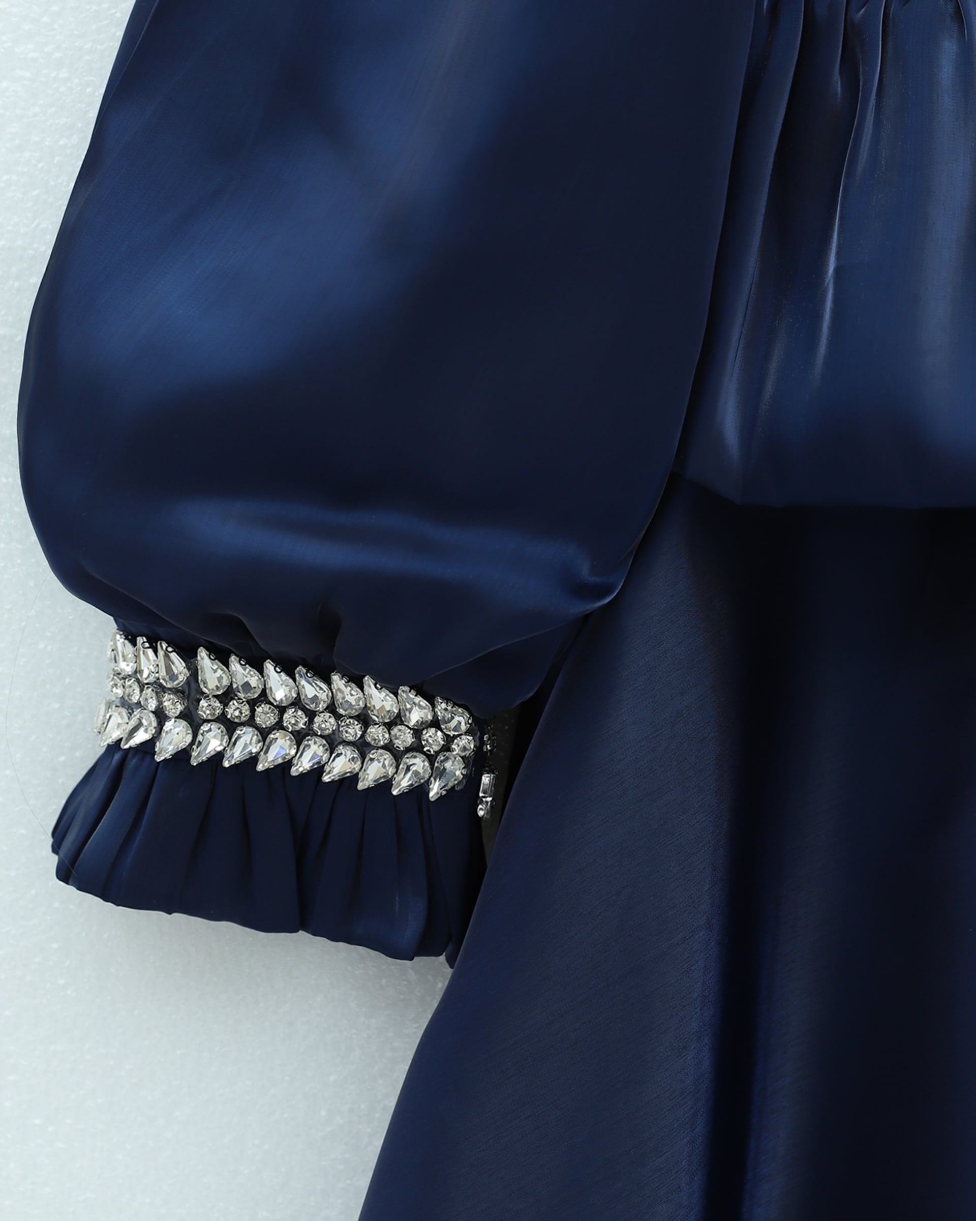 Peplum Waist Rhinestone Embellished Satin Evening Dress in Navy Blue - Podyumplus - by Peralane - photo 8
