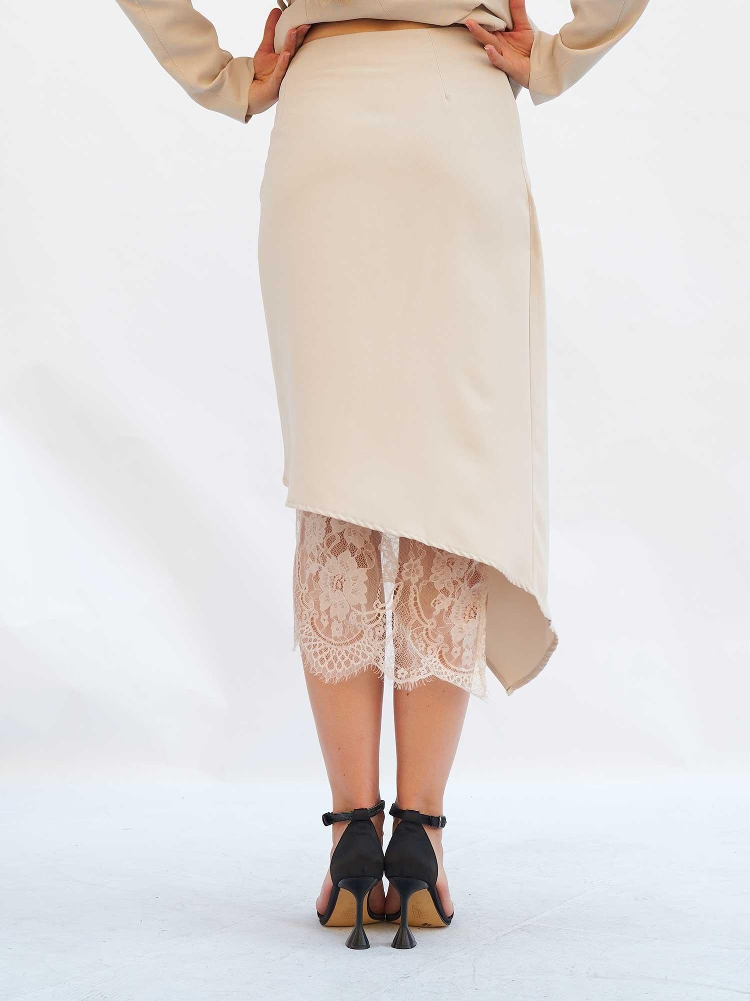 Lace Trim Midi Skirt with Asymmetric Hem in Light Beige - Lefon - by Peralane - photo 3