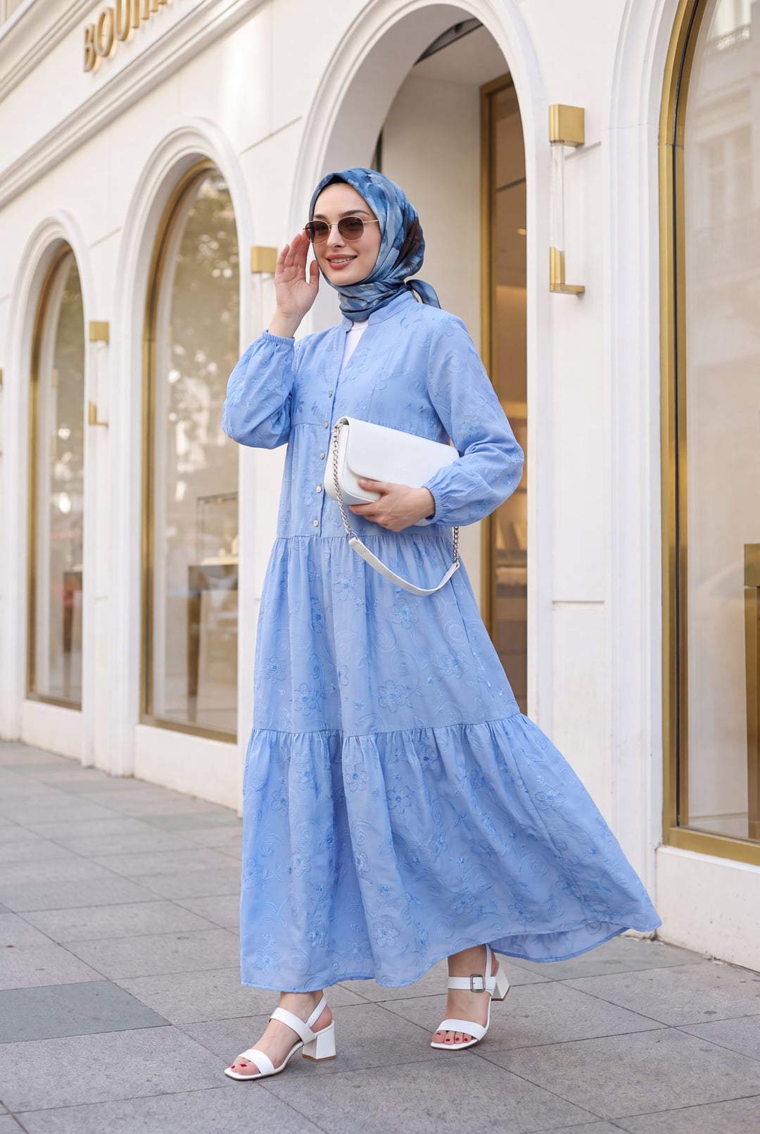 Light Blue Embroidered Floral Midi Dress with Tiered Skirt - Podyumplus - by Peralane - photo 2