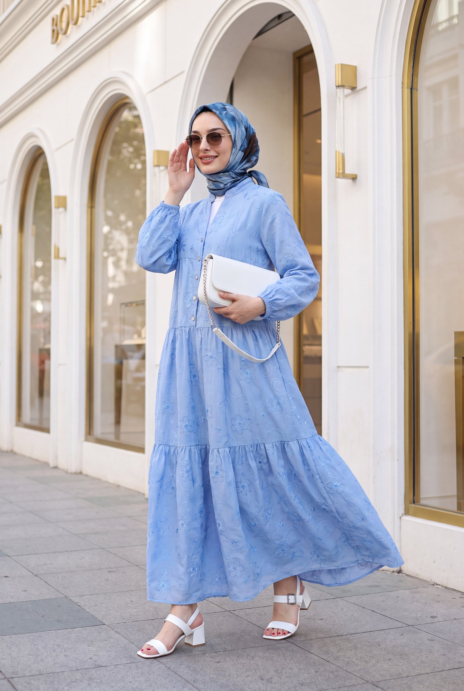 Light Blue Embroidered Floral Midi Dress with Tiered Skirt - Podyumplus - by Peralane - photo 2