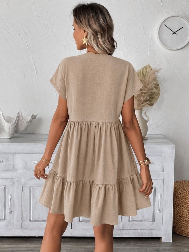 Women's Beige V-Neck Short Sleeve Flutter Sleeve Tiered Ruffle Dress - Janes - by Peralane - photo 2