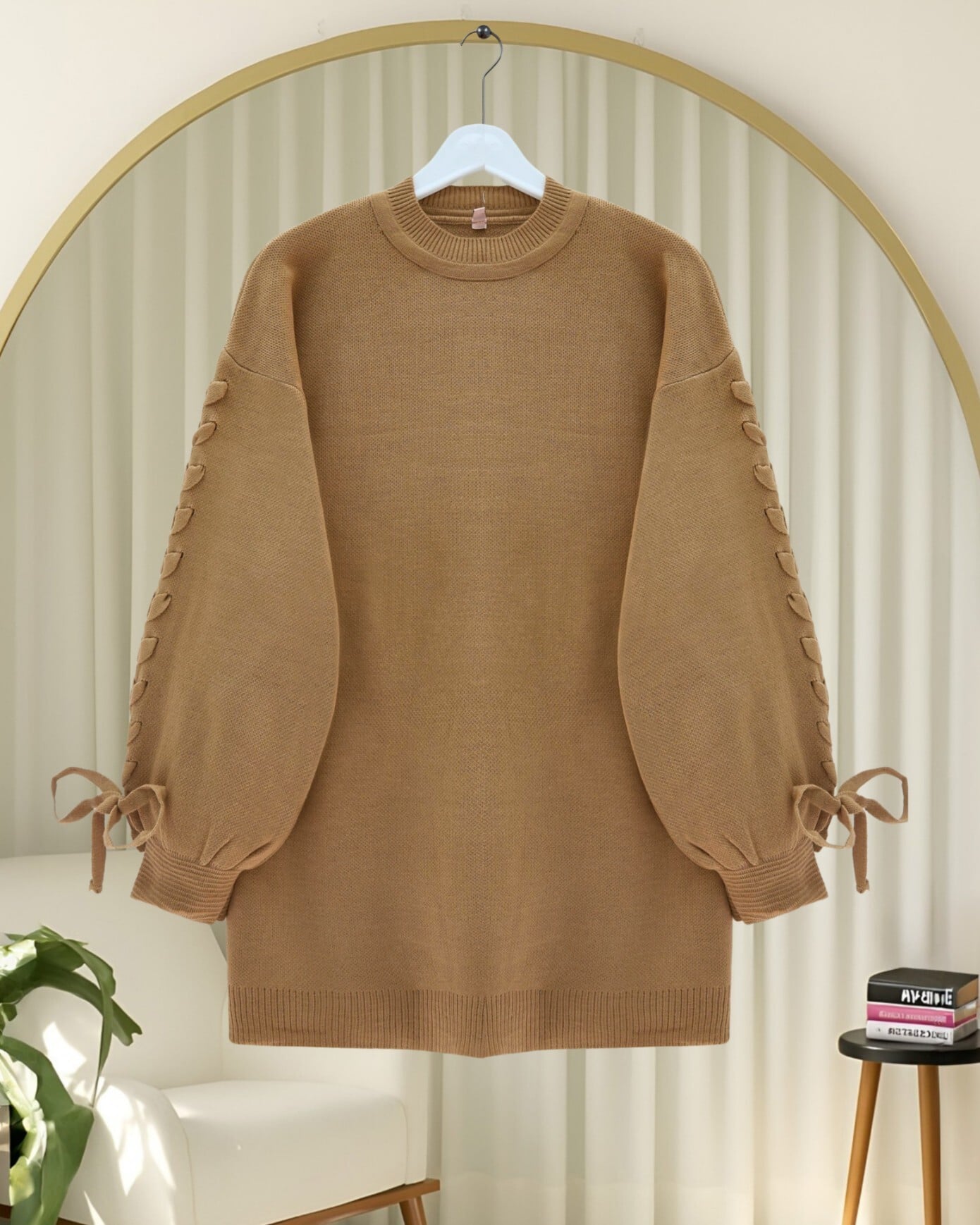 Round Neck Knitted Sweater with Braided Sleeve Detail - Mink - Podyumplus - by Peralane