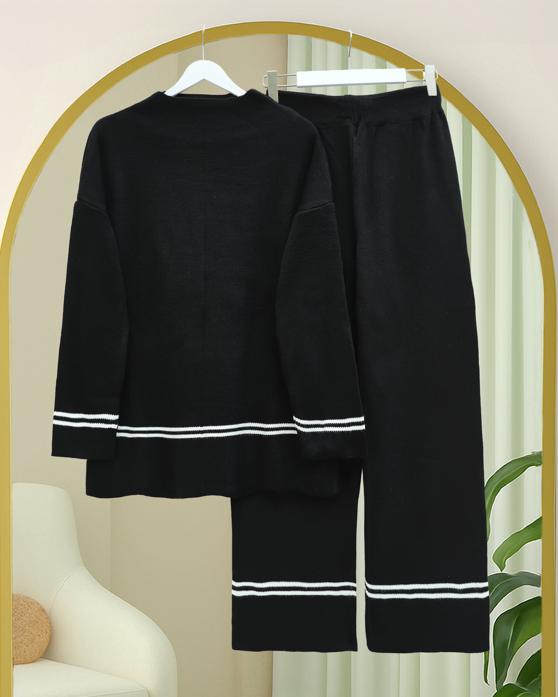 Striped Trim Knit Tunic and Pants Set - Black - Podyumplus - by Peralane - photo 3
