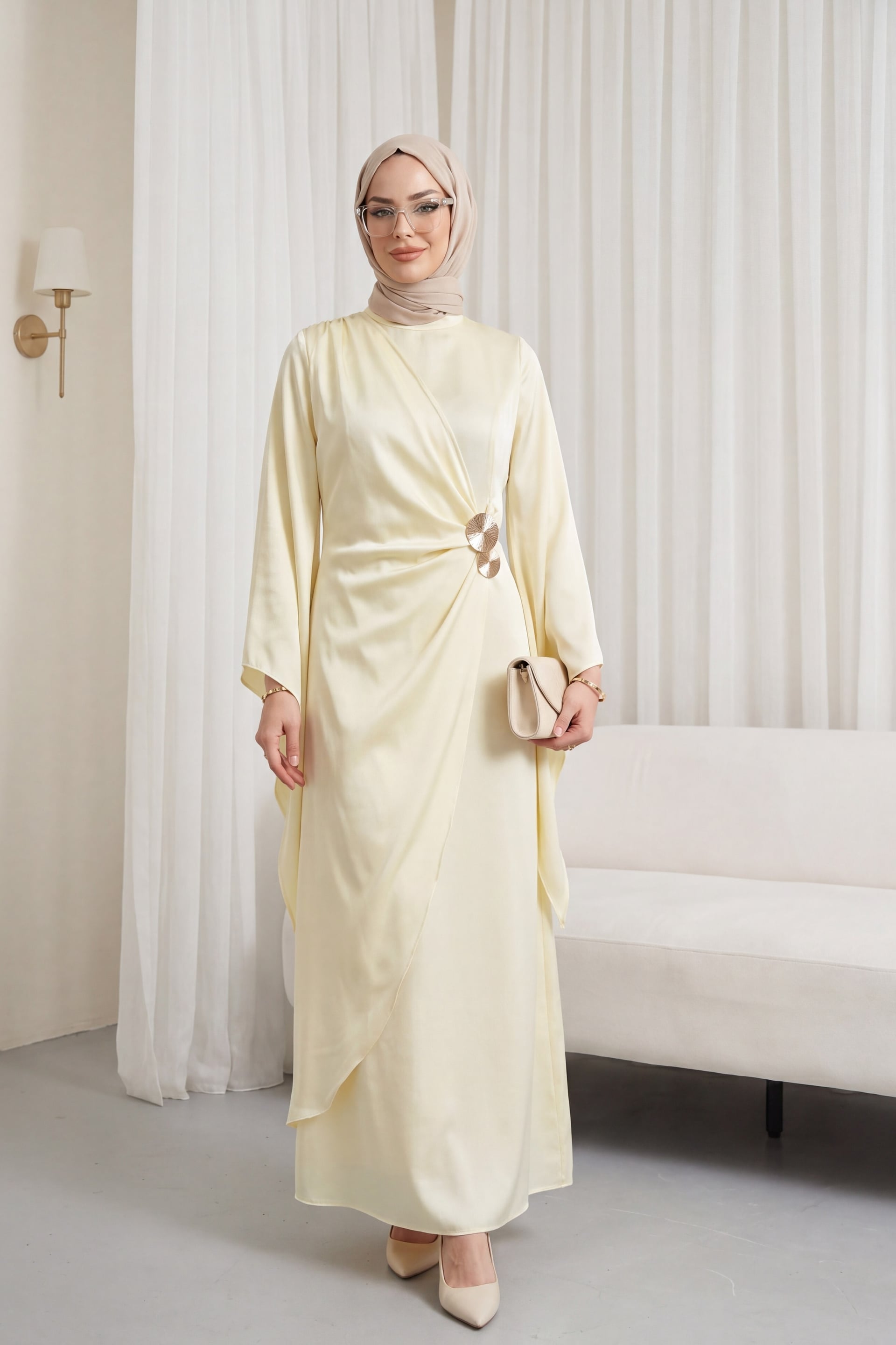 Ivory Satin Evening Dress with Buckle Detail and Asymmetric Sleeves - Podyumplus - by Peralane - photo 3