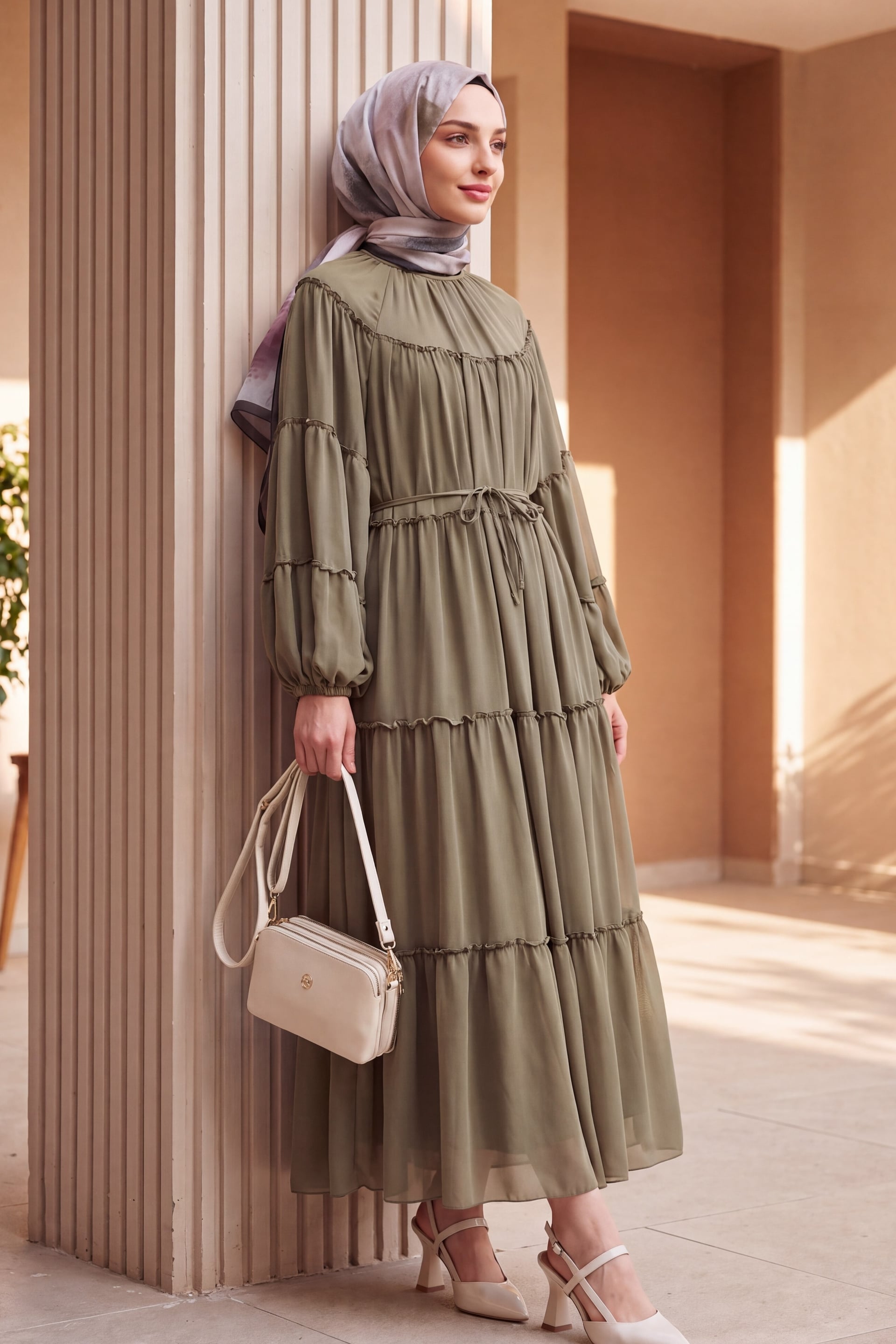 High Neck Tiered Ruffle Detail Dress with Tie Belt - Camouflage - Podyumplus - by Peralane - photo 2
