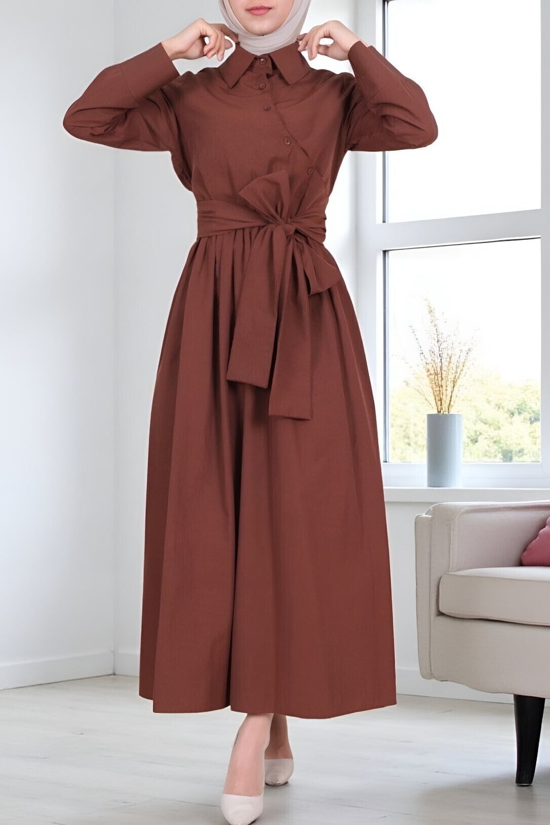 Cross-Back Button Wrap Belted Shirt Collar Dress - Brown - Podyumplus - by Peralane - photo 2