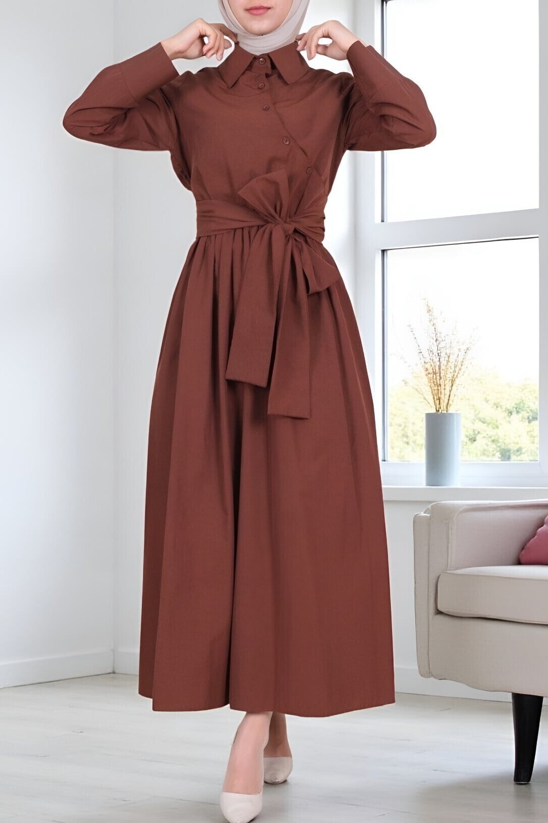 Cross-Back Button Wrap Belted Shirt Collar Dress - Brown - Podyumplus - by Peralane - photo 2