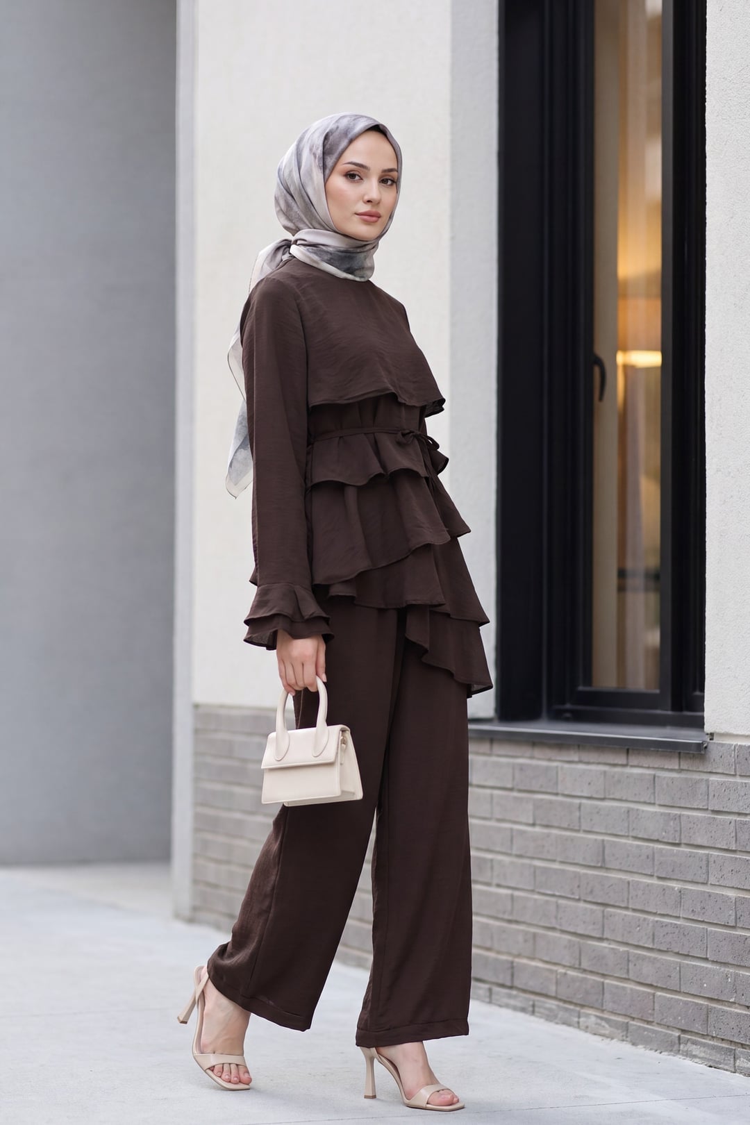 Asymmetric Layered Lace-Up Trousers Lined Cupra Modest Set - Brown - Podyumplus - by Peralane - photo 3