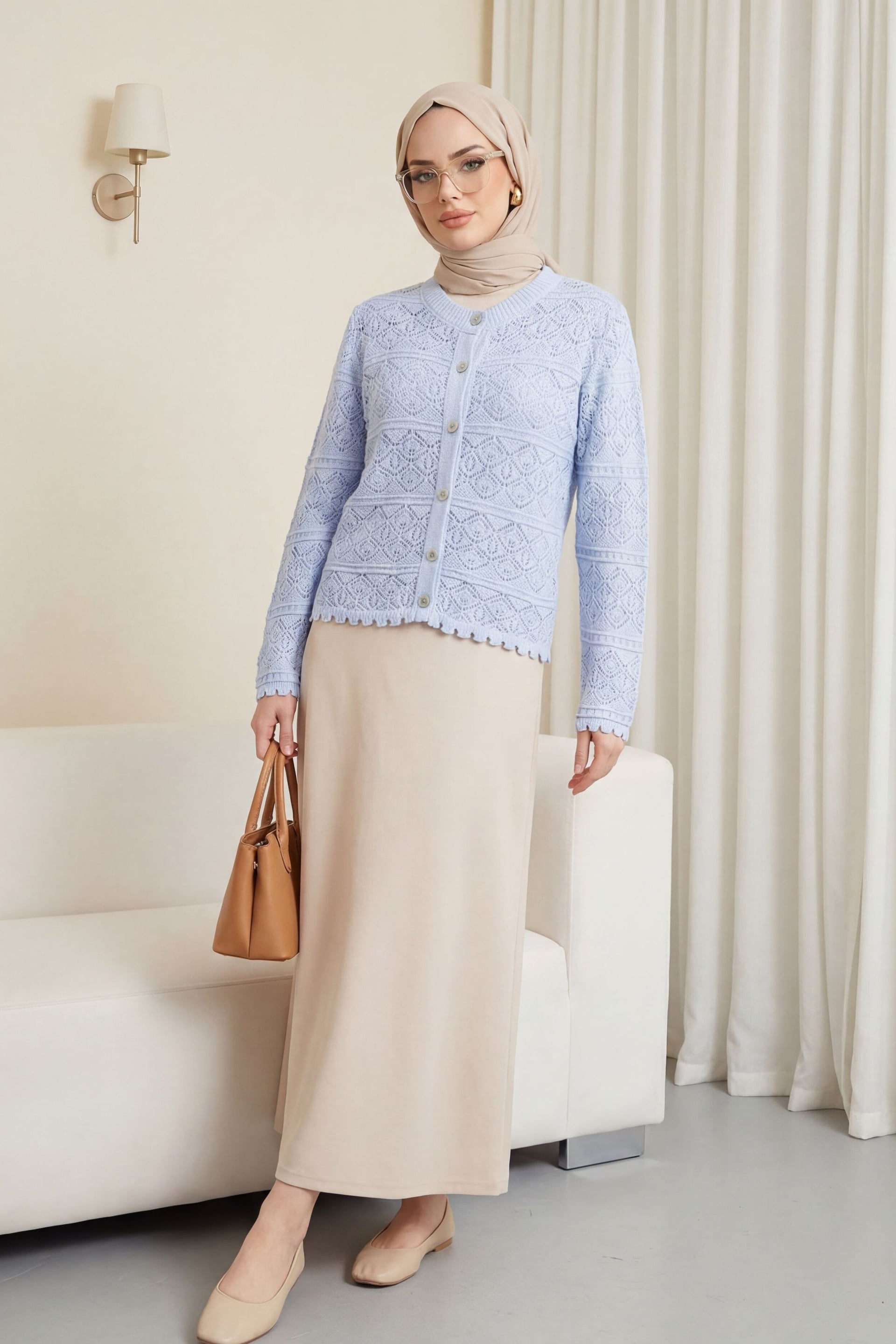 Buttoned Patterned Open-Knit Cardigan - Baby Blue - Podyumplus - by Peralane - photo 3