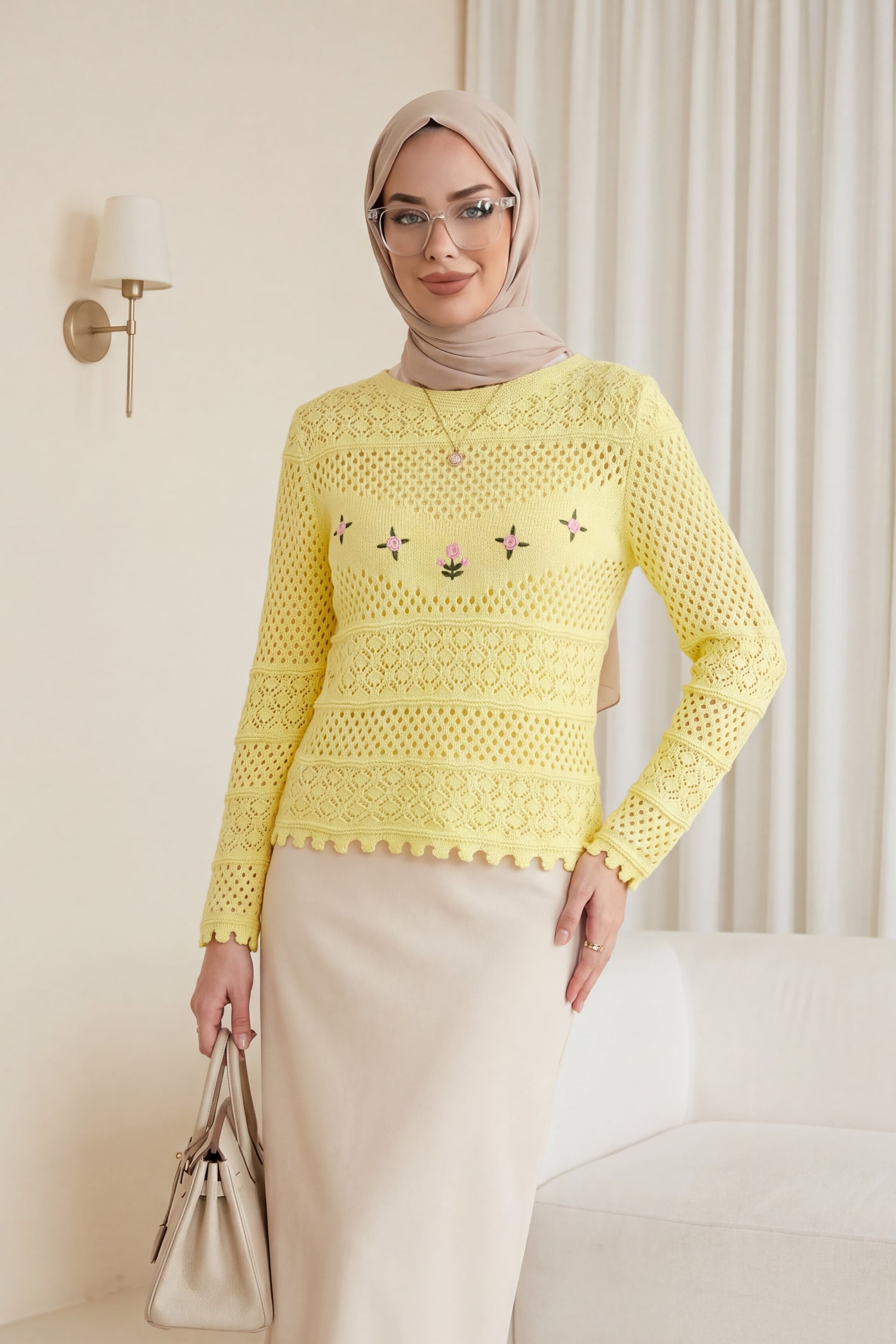 Yellow Knit Sweater with Floral Embroidery and Openwork Pattern - Podyumplus - by Peralane - photo 4