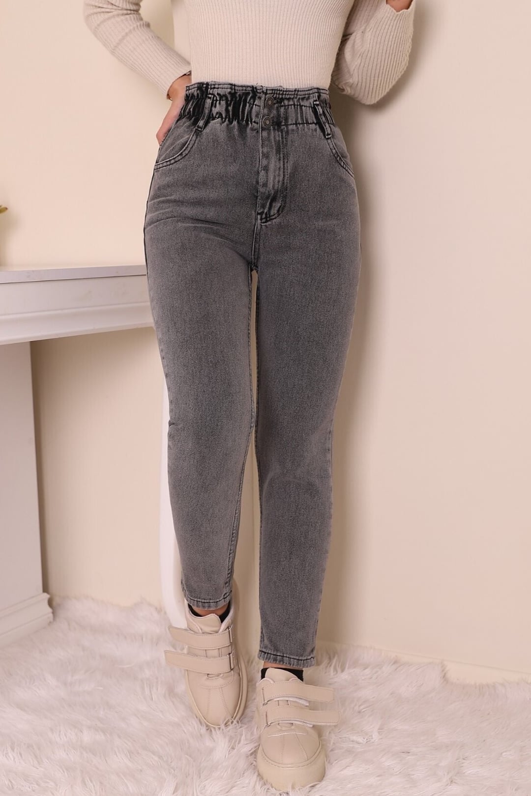High Waist Elastic Waist Jeans - Grey - Podyumplus - by Peralane - photo 2