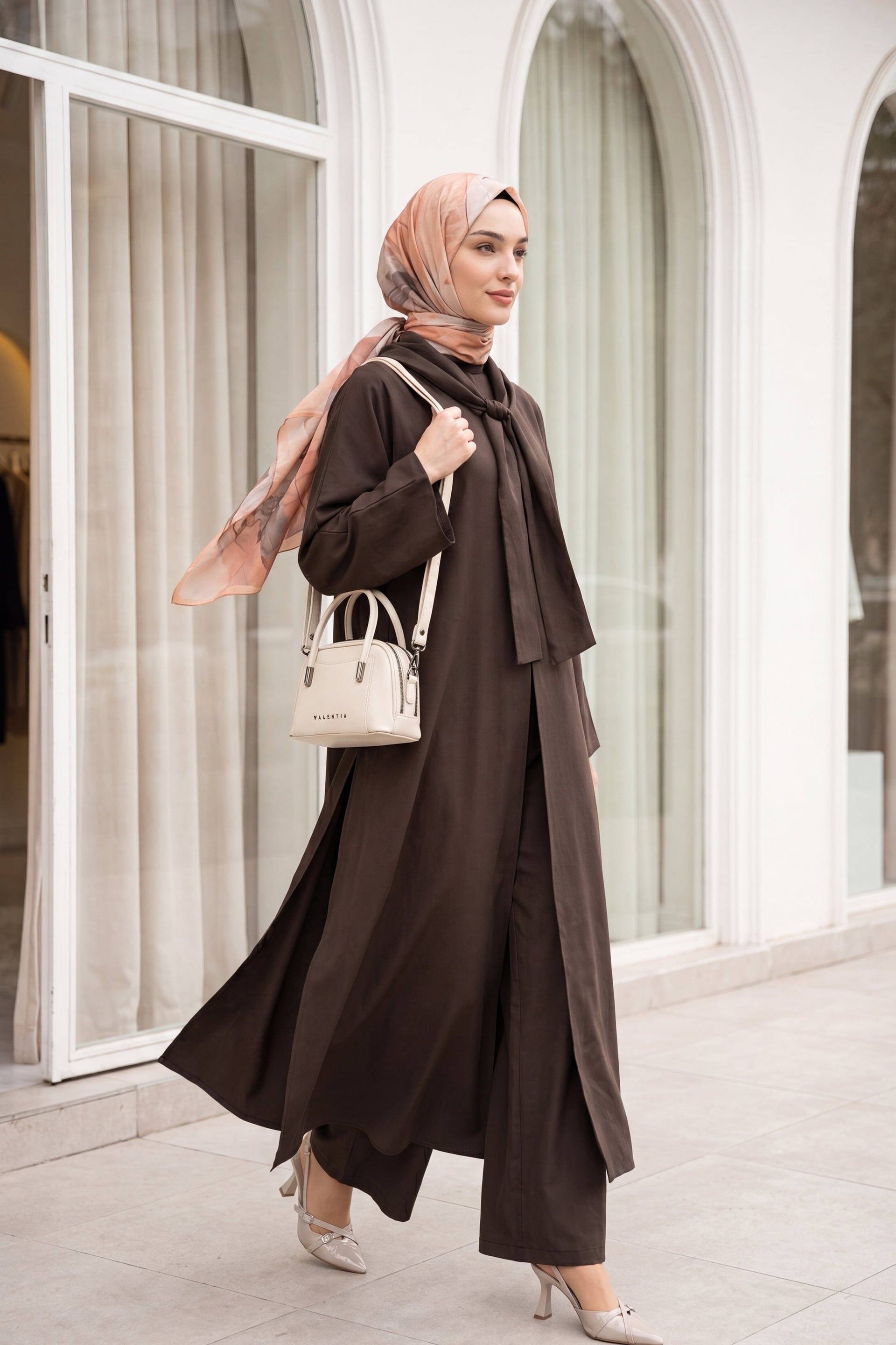Brown Modal Two-Piece Set with Scarf Detail and Deep Slit Pants - Podyumplus - by Peralane - photo 5